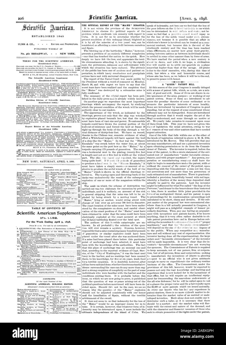 226 Building Edition of Scientific American. (Established 1885.) Export Edition ot the Scientific American (Established 1878) Contents. Scientific American Supplement CONTENTS SCIENTIFIC AMERICAN BUILDING EDITION. THE OFFICIAL REPORT OF THE 'MAINE ' DISASTER. A 'QUEER' PATENT BILL., 1898-04-09 Stock Photo