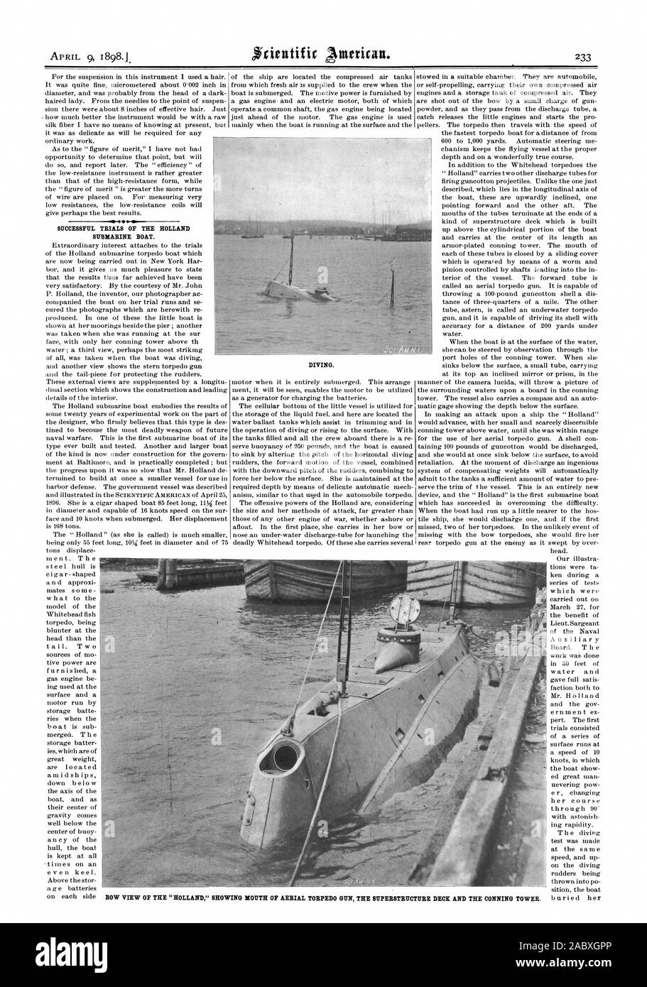 SUCCESSFUL TRIALS OF THE HOLLAND SUBMARINE BOAT. DIVING., scientific american, 1898-04-09 Stock Photo