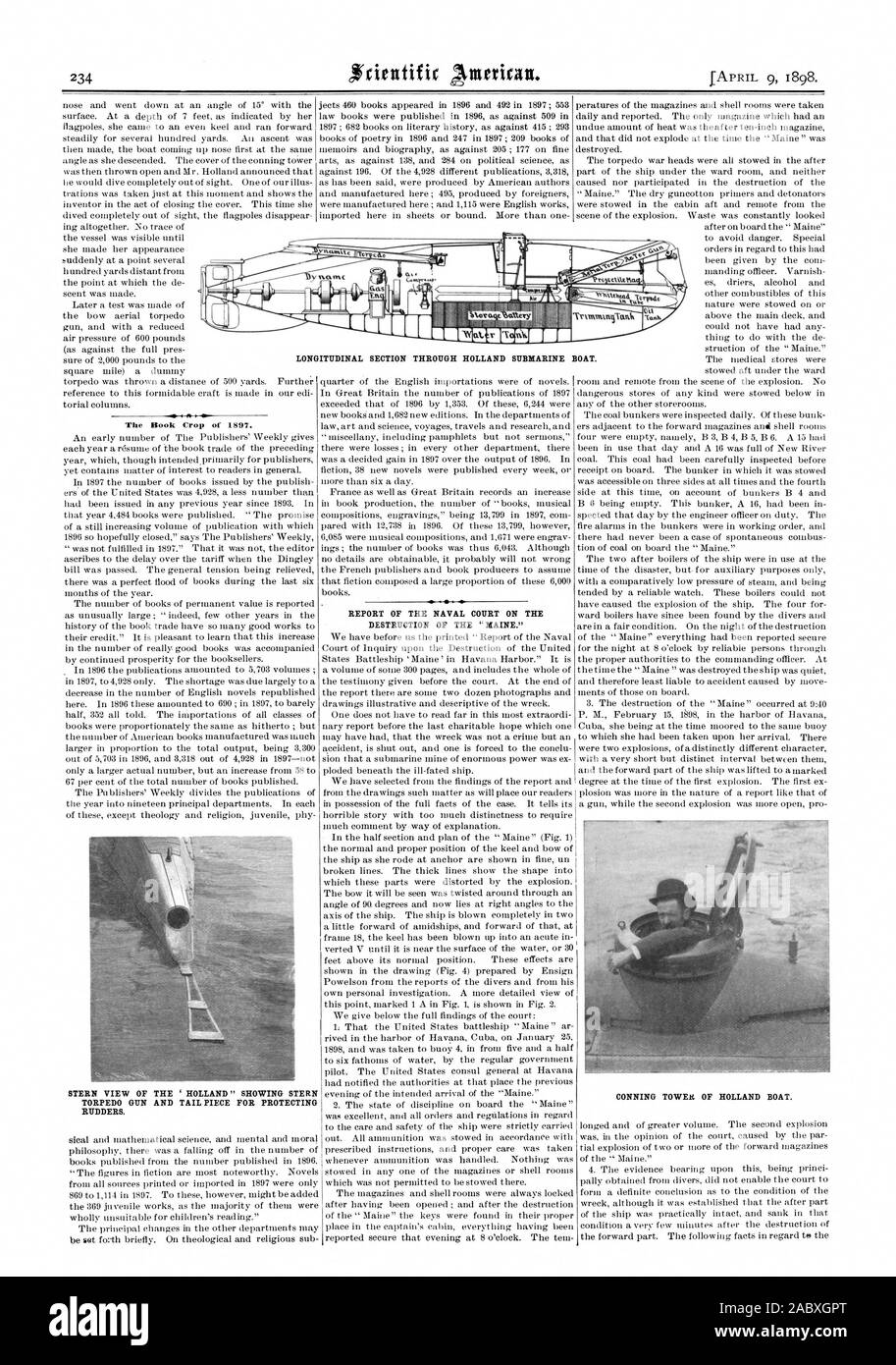 LONGITUDINAL SECTION THROUGH HOLLAND SUBMARINE BOAT. The Book Crop of 1897. STERN VIEW OF THE 'HOLLAND' SHOWING STERN TORPEDO GUN AND TAIL PIECE FOR PROTECTING RUDDERS. DESTRUCTION OF THE ' MAINE., scientific american, 1898-04-09 Stock Photo