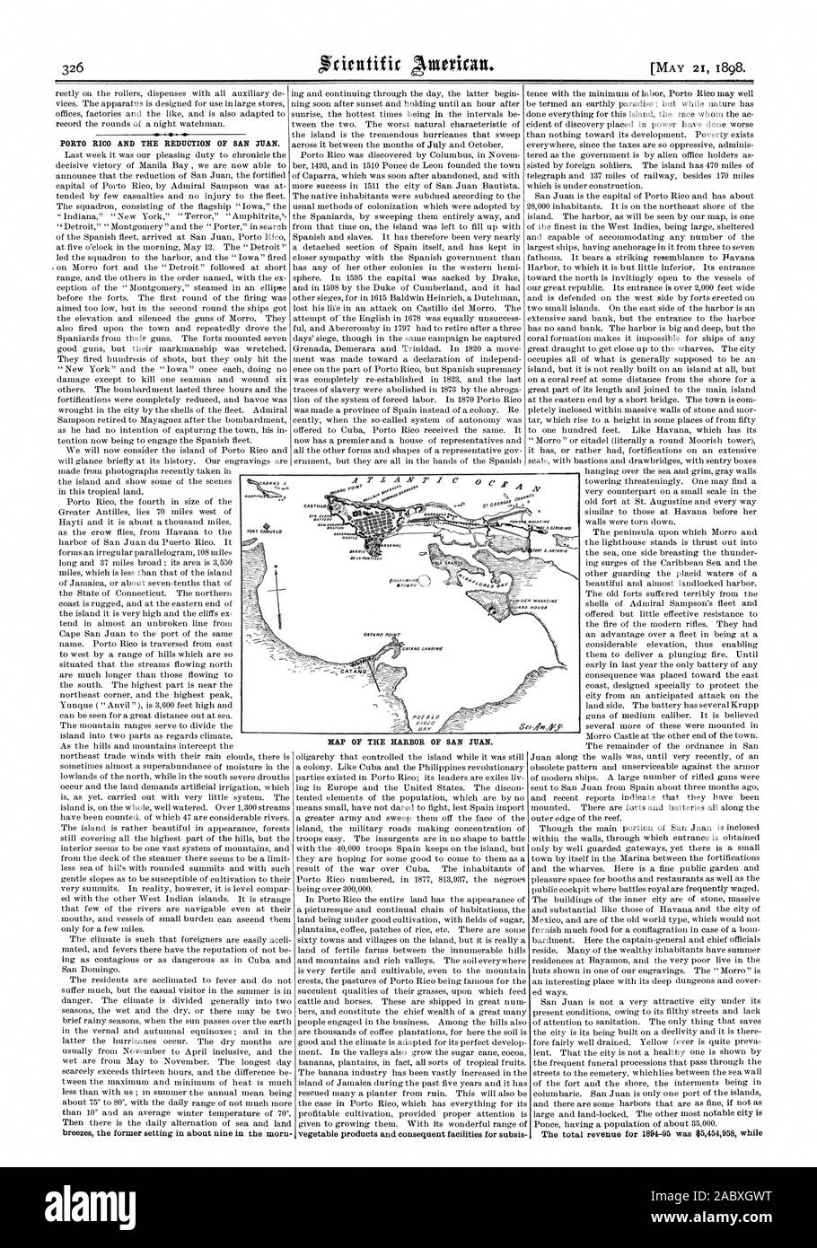 PORTO RICO AND THE REDUCTION OF SAN JUAN. breezes the former setting in about nine in the morn The total revenue for 1894-95 was $5454958 while 7244V.7'17 pOINT CASTILL MARI KtAlerliA ARO NOUS& P0f010 BA V 9OARAffrlorti IIROVR RAGAliNf HAP OF THE HARBOR OF SAN JUAN., scientific american, 1898-05-21 Stock Photo