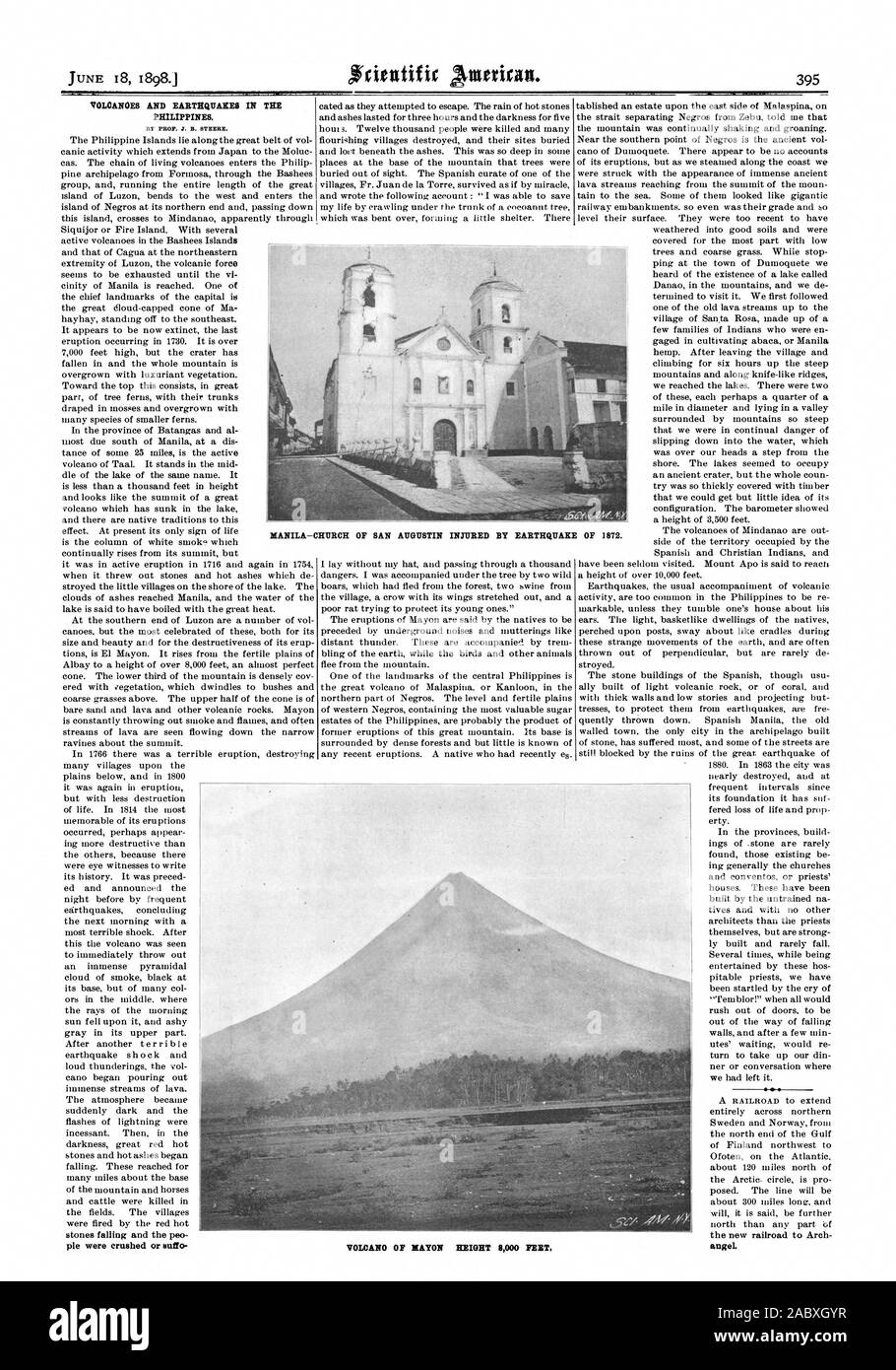 VOLCANOES AND EARTHQUAKES IN THE PHILIPPINES. BY PROP. J. B. STERRE. the new railroad to Arch angel. MANILA—CHURCH OF SAN AUGUSTIN INJURED BY EARTHQUAKE OF 1872. VOLCANO OF MAYON HEIGHT 8000 FEET., scientific american, 1898-06-18 Stock Photo