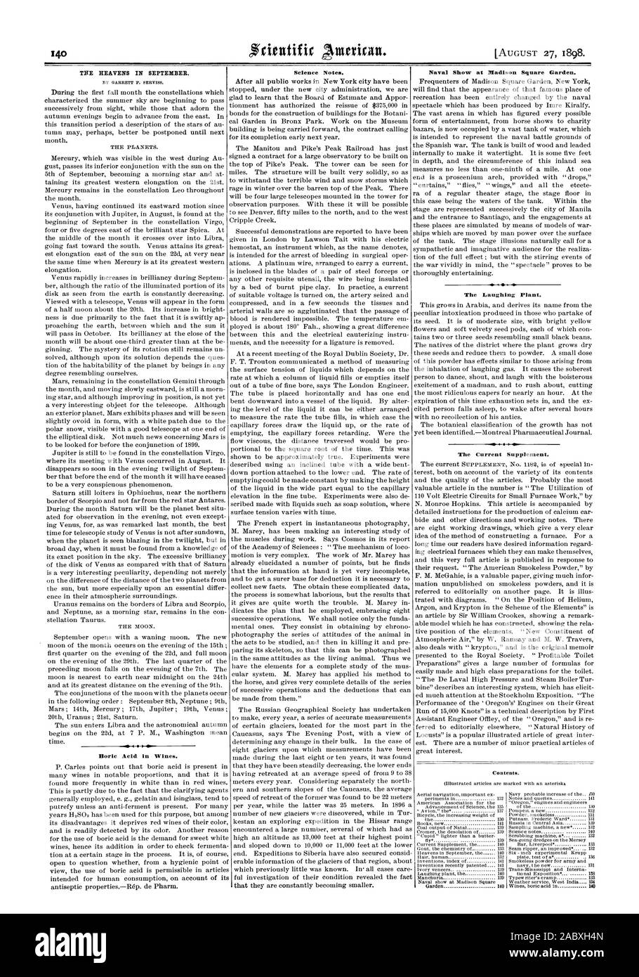 THE HEAVENS IN SEPTEMBER. Boric Acid in Wines. Science Notes. Naval Show at Madison Square Garden. The Laughing Plant. The Current Supplement., scientific american, 1898-08-11 Stock Photo