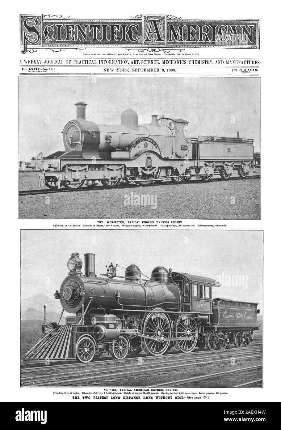 A WEEKLY JOURNAL OF PRACTICAL INFORMATION ART SCIENCE MECHANICS CHEMISTRY. AND MANUFACTURES. THE 'WORCESTER' TYPICAL ENGLISH EXPRESS ENGINE. No. '999' TYPICAL AXERICAN EXPRESS ENGINE., scientific american, 1898-09-03 Stock Photo