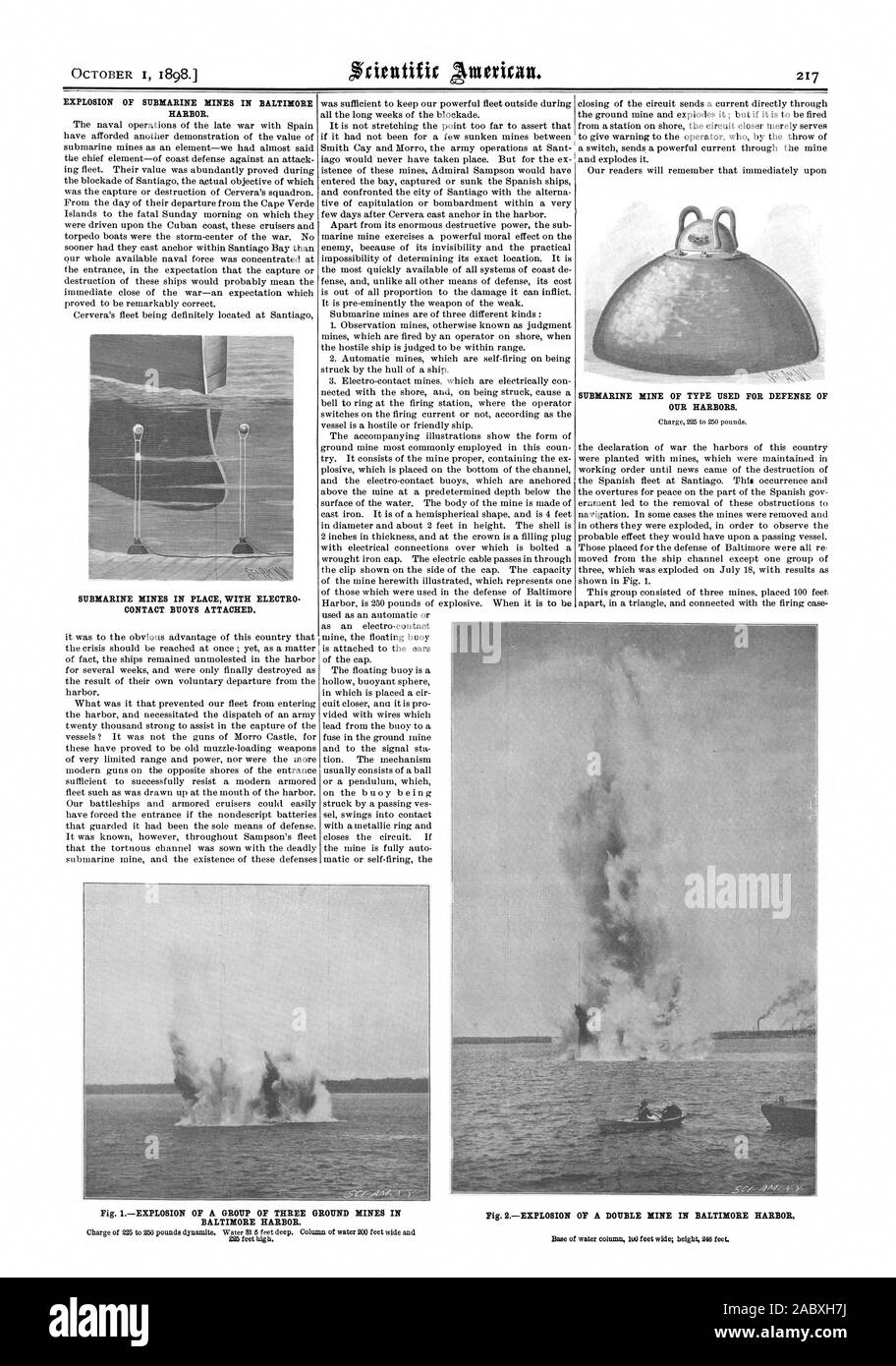 EXPLOSION OF SUBMARINE MINES IN BALTIMORE HARBOR. CONTACT BUOYS ATTACHED. OUR HARBORS. BALTIMORE HARBOR., scientific american, 1898-10-01 Stock Photo