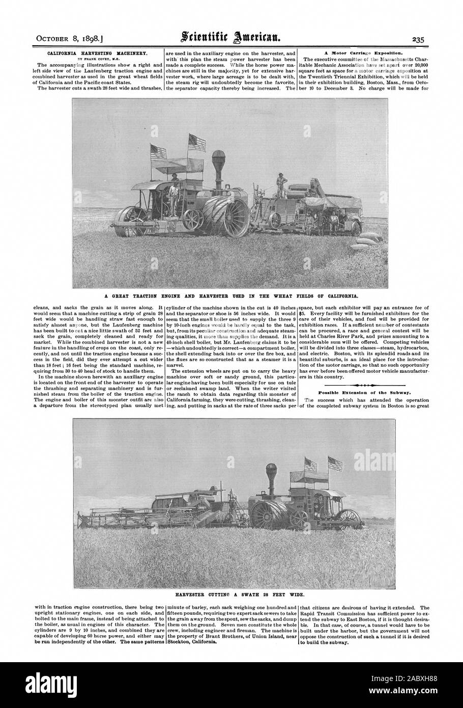 OCTOBER 8 1898. CALIFORNIA HARVESTING MACHINERY. BY FRANK COVEY M.E. A Motor Carriage Exposition. A GREAT TRACTION ENGINE AND HARVESTER USED IN THE WHEAT FIELDS OF CALIFORNIA. Possible Extension of the Subway. HARVESTER CUTTING A SWATH 28 FEET WIDE. be run independently of the other. The same patterns Stockton California. to build the subway., scientific american, 1898-10-08 Stock Photo