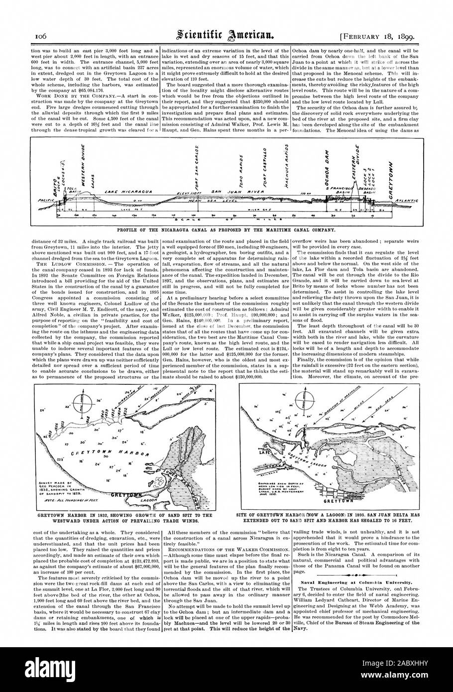 PROFILE OF THE NICARAGUA CANAL AS PROPOSED BY THE MARITIME CANAL COMPANY. 0 40 IG IS. .40 C a- c 2 JAN ZANE ICARA GA PAC 0.os II 0 Migrol'Tfr TIF  ArzAlic AYEA GREYTOWN HARBOR IN 1832 SHOWING GROWTH OF SAND SPIT TO THE WESTWARD UNDER ACTION OF PREVAILING TRADE WINDS. SITE OF GREYTOWN HARBOR (NOW A LAGOON) IN 1895. SAN JUAN DELTA HAS EXTENDED OUT TO SAND SPIT AND HARBOR HAS SHOALED TO 16 FEET. .:di  Al Z. --)-'- oo .N. .   30 Z7. .30 (.' 30. W N 30 2.7 24: u ADE 13Y q CO. PEACOCK IN ' 1652 smOwiNG GRowrri OF AAAAAA IT To ISSO. aef 14' el REAR LOW V.& IN VEIT PPPPPP MANS OT LIEU?. LTRAN Stock Photo