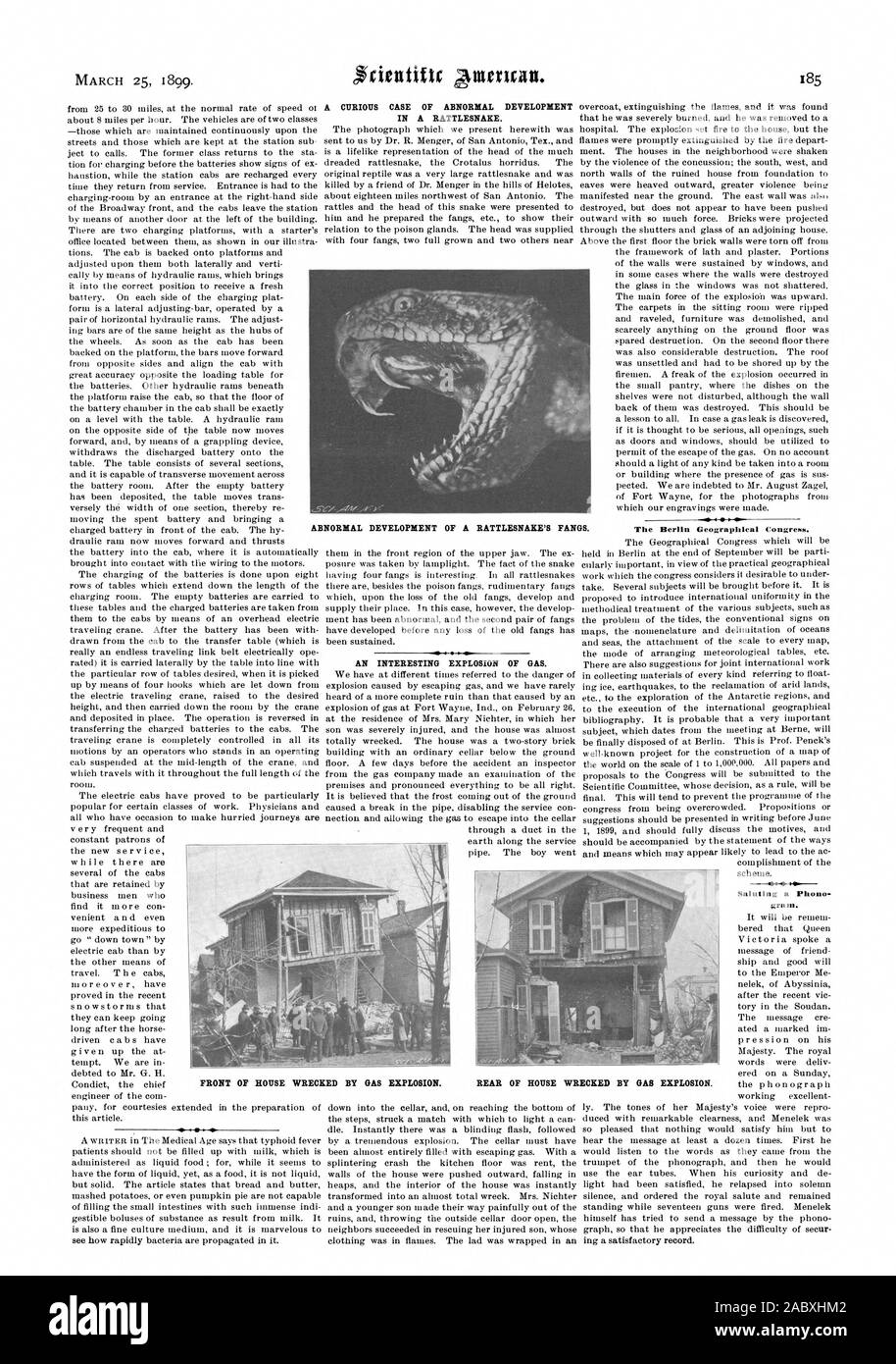 A CURIOUS CASE OF ABNORMAL DEVELOPMENT IN A RATTLESNAKE. AN INTERESTING EXPLOSION OF GAS. The Berlin Geographical Congress. Saluting a Phono gram. ABNORMAL DEVELOPMENT OF A RATTLESNAKE'S FANGS. FRONT OF HOUSE WRECKED BY GAS EXPLOSION. REAR OF HOUSE WRECKED BY GAB EXPLOSION., scientific american, 1899-03-25 Stock Photo