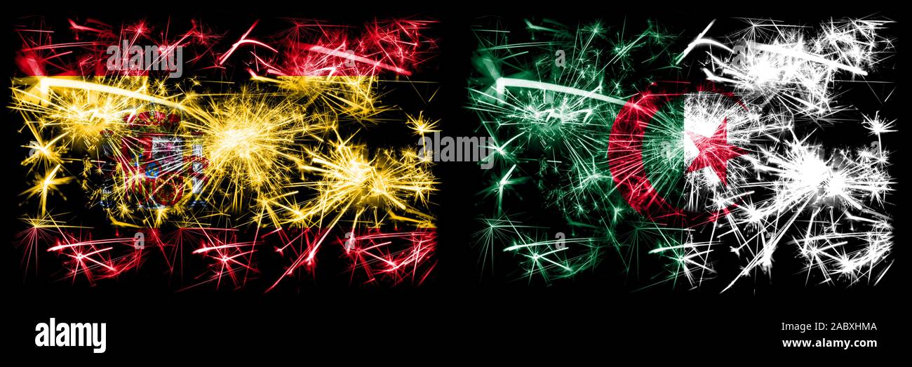 Spanish vs Algeria, Algerian New Year celebration sparkling fireworks flags concept background. Combination of two abstract states flags. Stock Photo
