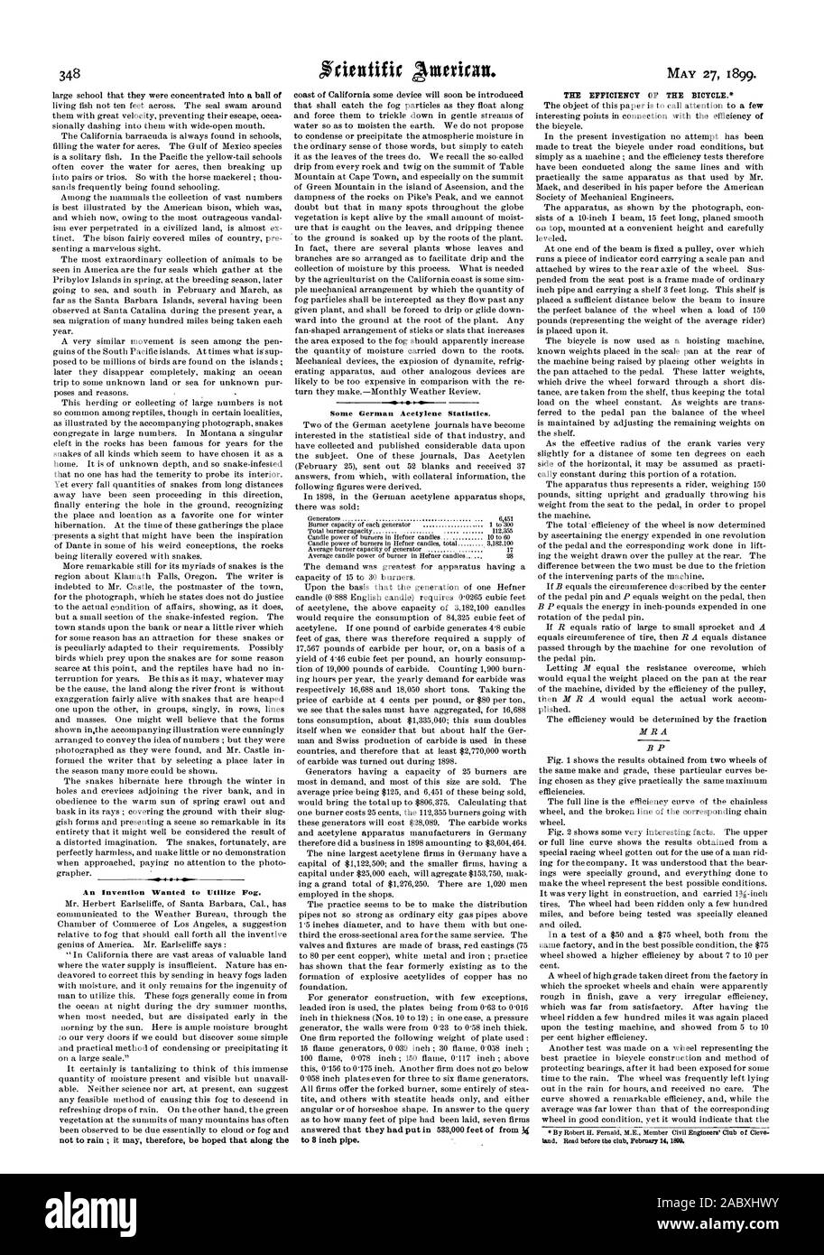 An Invention Wanted to Utilize Fog. Some German Acetylene Statistics. to 8  inch pipe. THE EFFICIENCY OF THE BICYCLE. land. Read before the club  Febraary 14 1899., scientific american, 1899-05-27 Stock Photo - Alamy