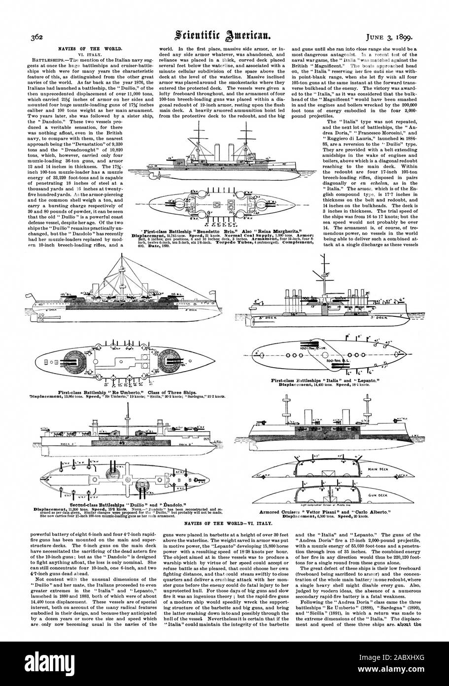 NAVIES OF THE WORLD. First-class Battleship 'Benedetto Brim.' Also ' Reina Margherita.' First-class Battleship 'Re Umberto.' Class of Three Ships. Second-class Battleships ' Duilio ' and ' Dandolo.' Armored Cruisers ' Vettor Pisani' and Carlo Alberto.' First-class Battleships ' Italia ' and 'Lepanto.' NAVIES OF THE WORLD—VI. ITALY., scientific american, 1899-06-03 Stock Photo