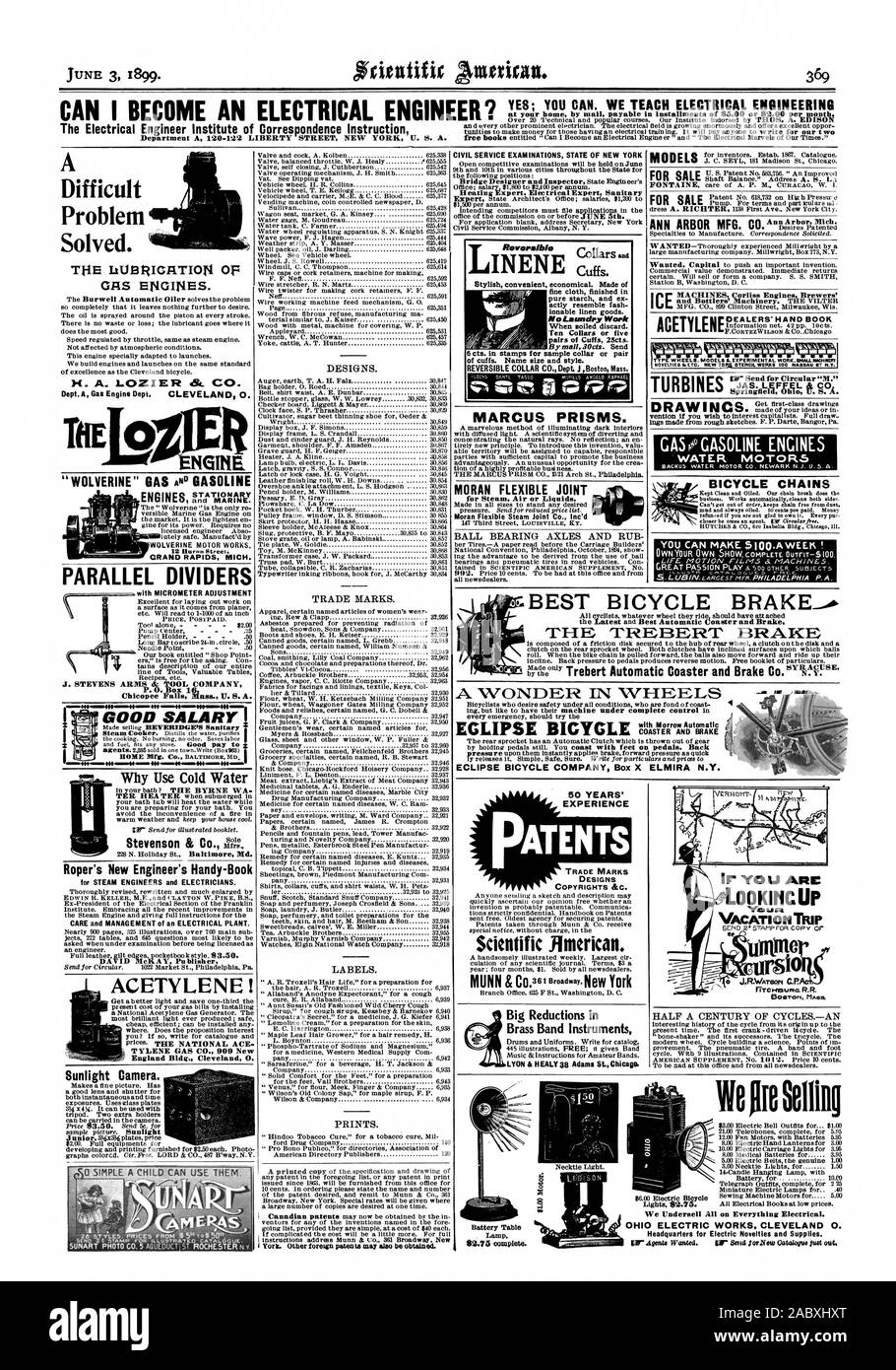 5.00 Electric Belts the genuine 1.00 3.00 Necktie Lights for 1.50 Battery for 10.00 Miniature Electric Lamps for A Sewing Machine Motors for 5.00 All Electrical Books at low prices., scientific american, 1899-06-03 Stock Photo