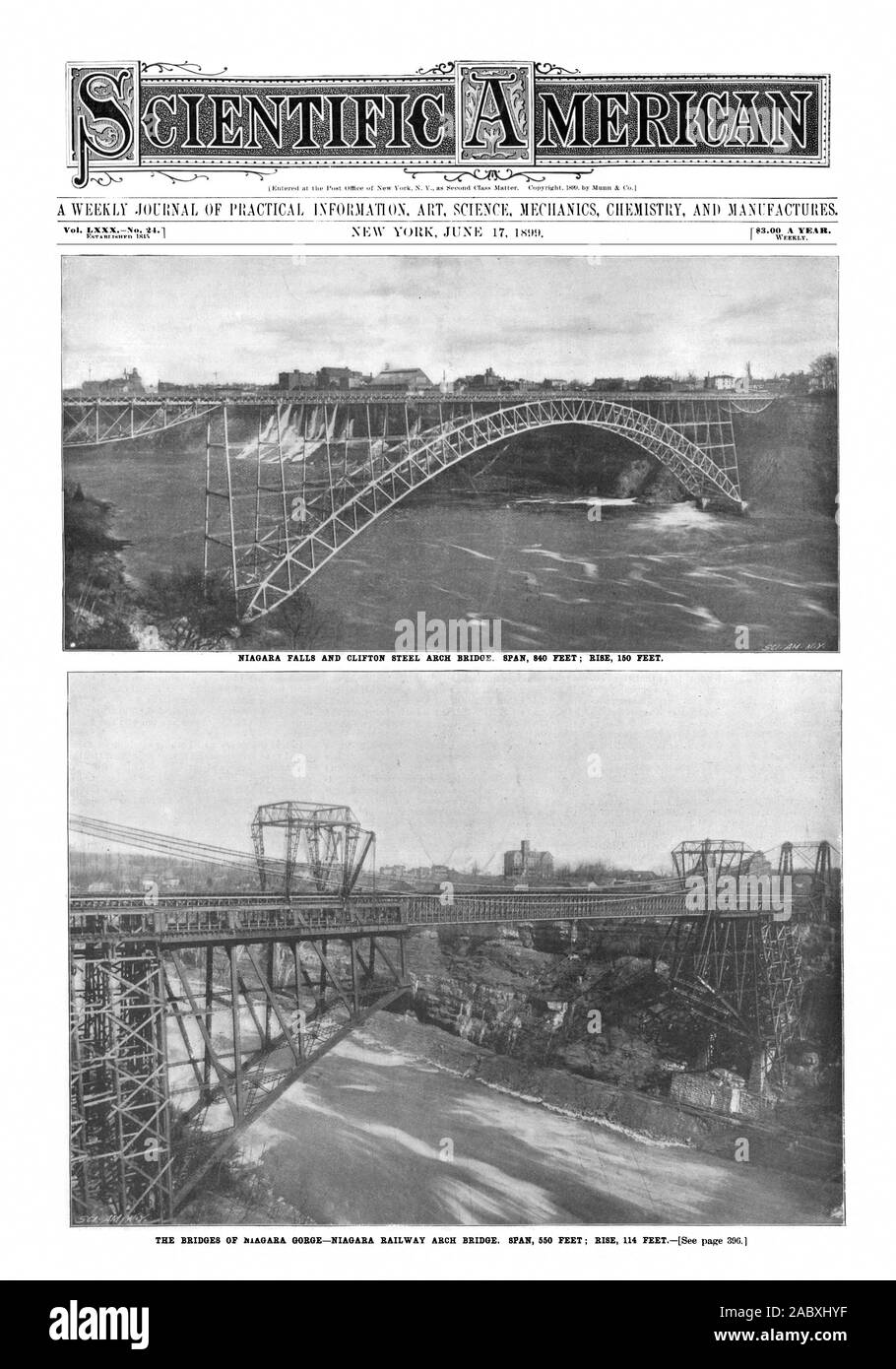NIAGARA FALLS AND CLIFTON STEEL ARCH BRIDGE. SPAN 840 FEET; RISE 150 FEET., scientific american, 1899-06-17 Stock Photo