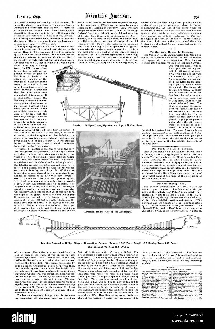 Lewiston Bridge—One of the Anchorages. Workingmen's Houses in Germany. The Death of Isaac G. Johnson. The Current Supplement. wiston Bridge—Tower Eyebars and Top of Rocker Bent. Le Lewiston Suspension Bridge Niagara River—Span Between Towers 1 040 Feet; Length of Stiffening Truss 800 Feet. THE BRIDGES OF NIAGARA GORGE., scientific american, 1899-06-17 Stock Photo
