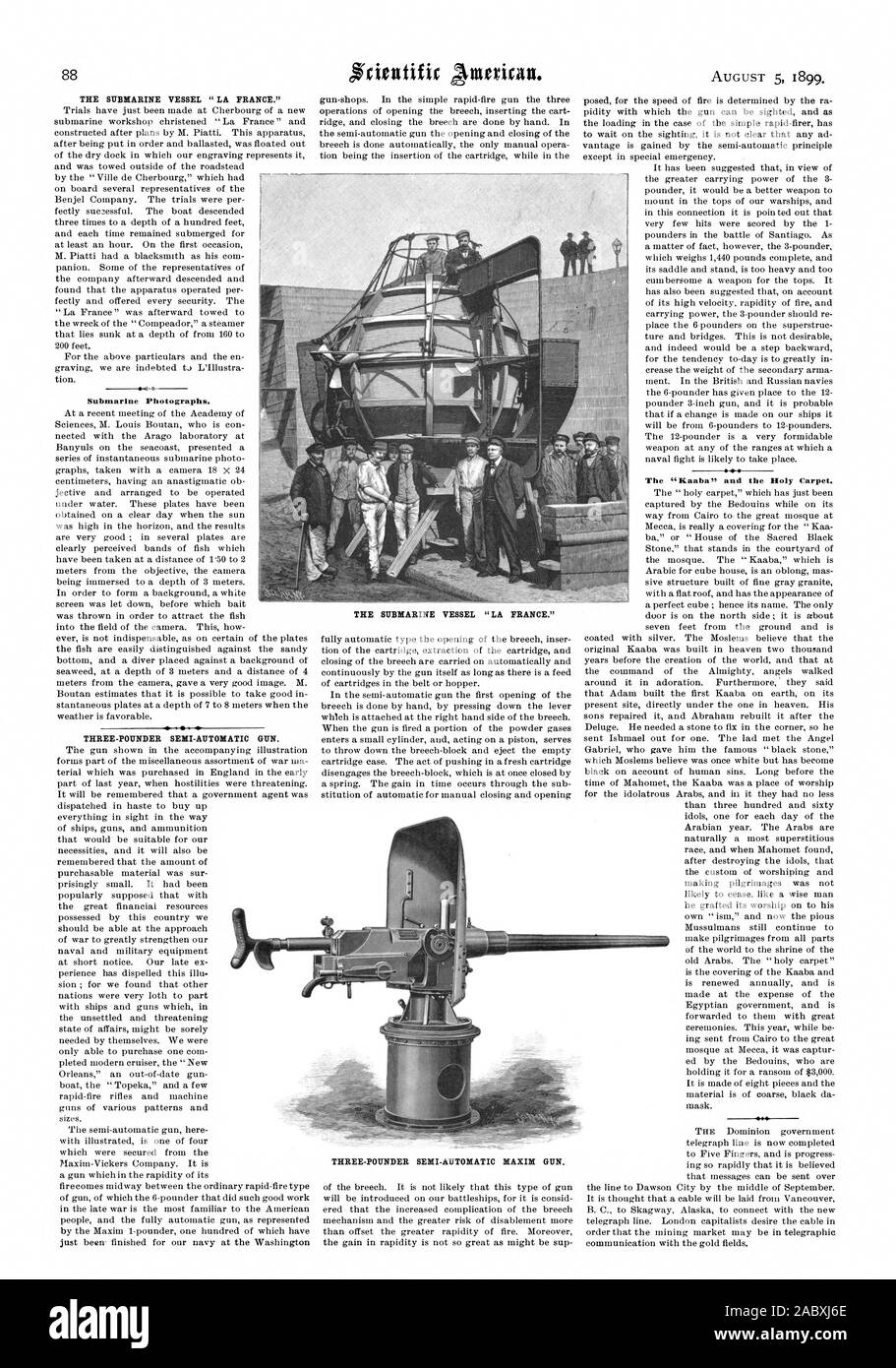 THE SUBMARINE VESSEL 'LA FRANCE.' Submarine Photographs. THREE-POUNDER SEMI-AUTOMATIC GUN. THE SUBMARINE VESSEL 'LA FRANCE.', scientific american, 1899-08-05 Stock Photo