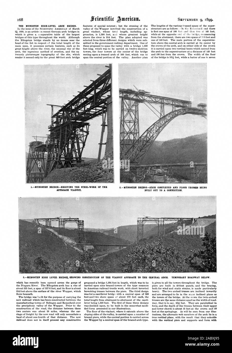 THE MUNGSTEN HIGH-LEVEL ARCH BRIDGE. IMUNGSTEN BRIDGE—ERECTING THE STEEL-WORK OF THE 2MGNGSTEN BRIDGE—ARCH COMPLETED AND FLOOR TRUSSES BEING APPROACH VIADUCT. BUILT OUT TO A CONNECTION. Prow' %i, scientific american, 99-09-09 Stock Photo