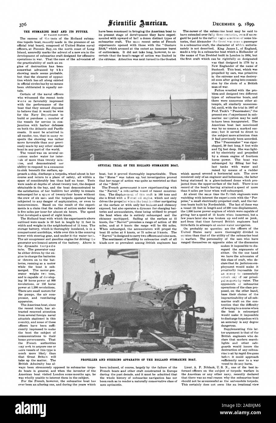 THE SUBMARINE BOAT AND ITS FUTURE. OFFICIAL TRIAL OF THE HOLLAND SUBMARINE BOAT. PROPELLER AND STEERING APPARATUS OF THE HOLLAND SUBMARINE BOAT., scientific american, 1899-12-09 Stock Photo