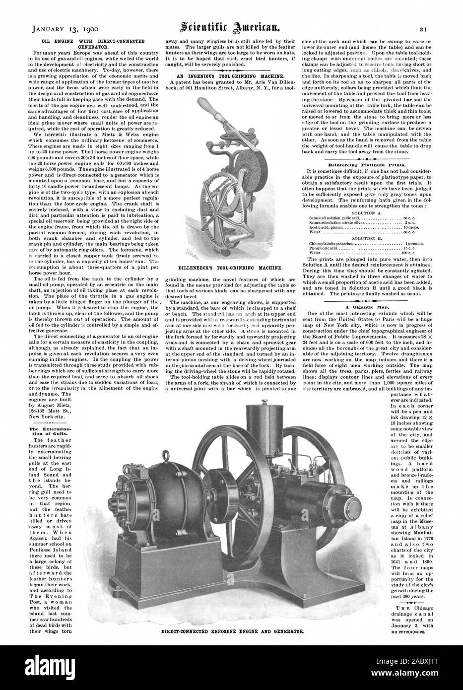 OIL ENGINE WITH DIRECT-CONNECTED GENERATOR. tion of Gulls. IgP 4U P  Reinforcing Platinum Prints. A Gigantic Map. DIRECT-CONNECTED KEROSENE  ENGINE AND GENERATOR., scientific american, 1900-01-13 Stock Photo - Alamy