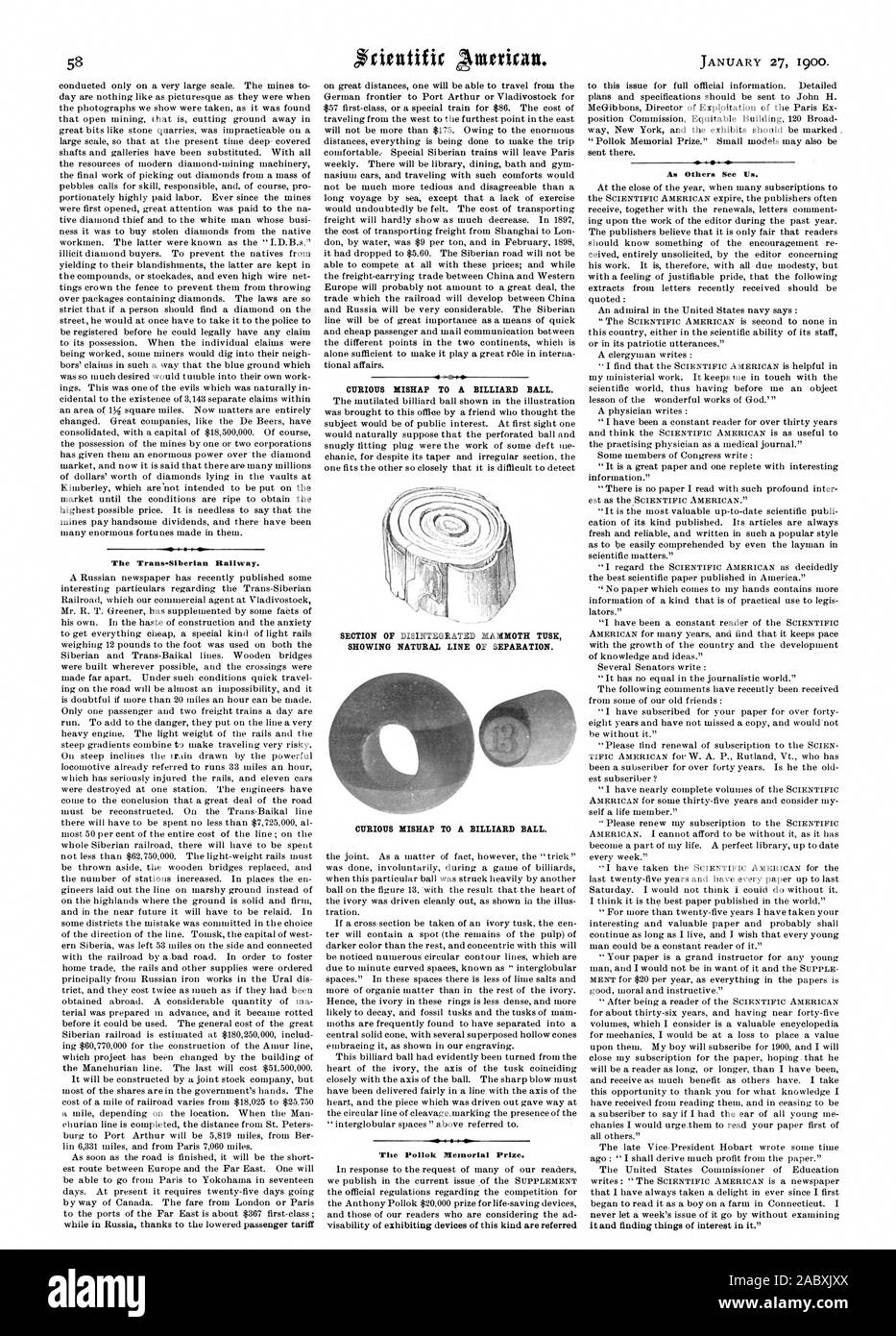 4400 CURIOUS MISHAP TO A BILLIARD BALL. The Pollok Memorial Prize., scientific american, 1900-01-27 Stock Photo