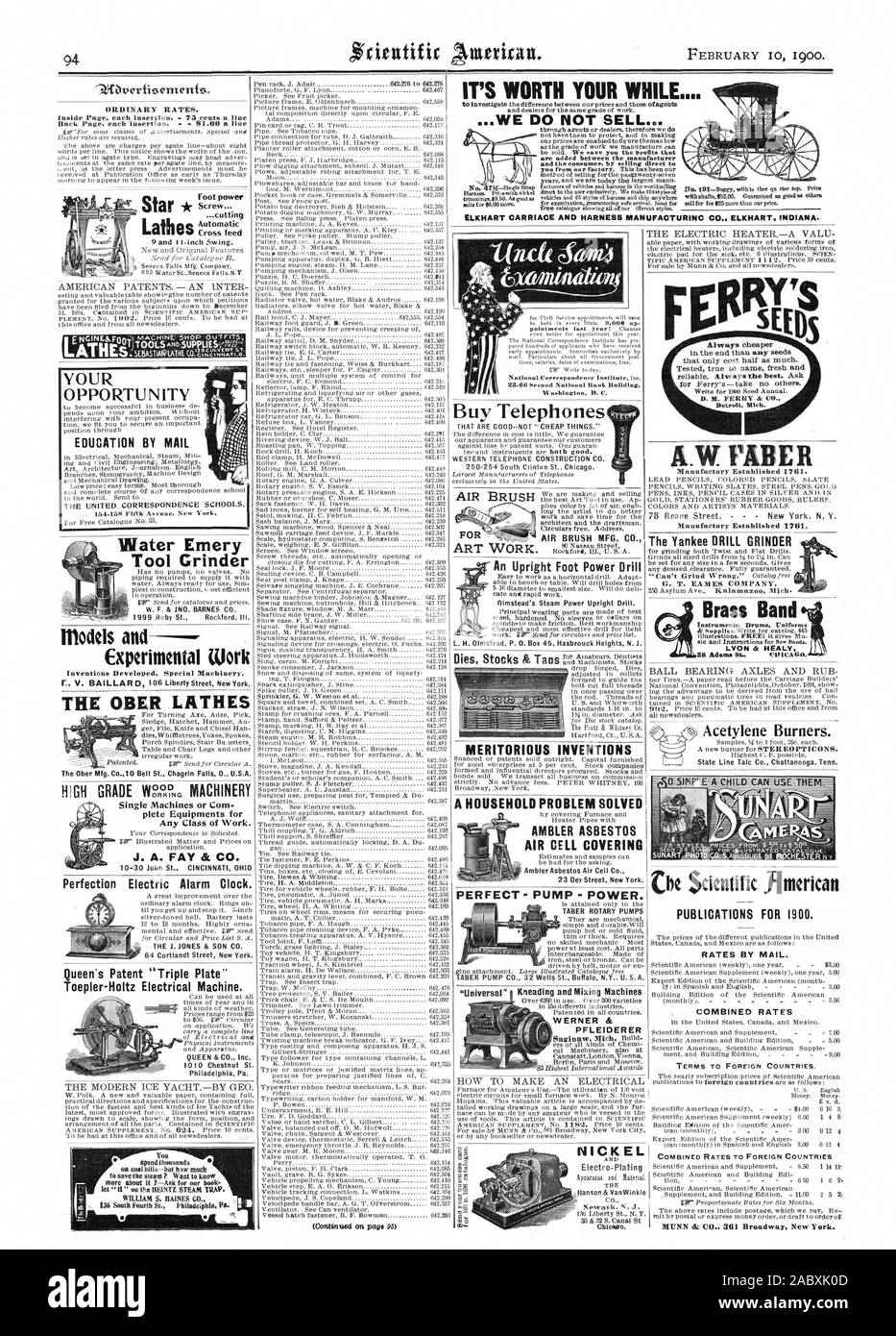 Any Class of Work. J. A. FAY & CO. 10-30 John St CINCINNATI OHI Perfection Electric Alarm Clock. THE J. JONES & SON CO. 64 Cortlandt Street New York. the Scientific American Acetylene Burners. State Line Talc Co. Chattanooga Tenn. Washington D. C. Buy Telephones THAT ARE GOOD--NOT CHEAP THINGS.' WESTERN TELEPHONE CONSTRUCTION CO. NICKEL Hanson A VanWinkle Co. ekrat It. N. J. Chicago. The Yankee DRILL GRINDER Instruments. Drums Unifarme LYON & HEALY, 1900-02-10 Stock Photo