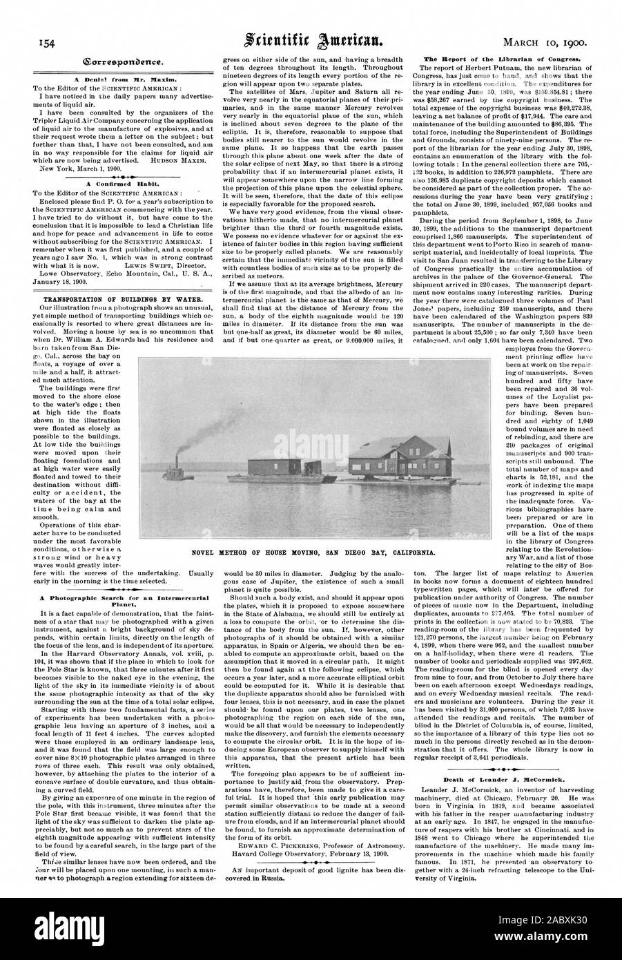 TRANSPORTATION OF BUILDINGS BY WATER. NOVEL METHOD OF HOUSE MOVING SAN DIEGO BAY CALI FORNIA., scientific american, 1900-03-10 Stock Photo