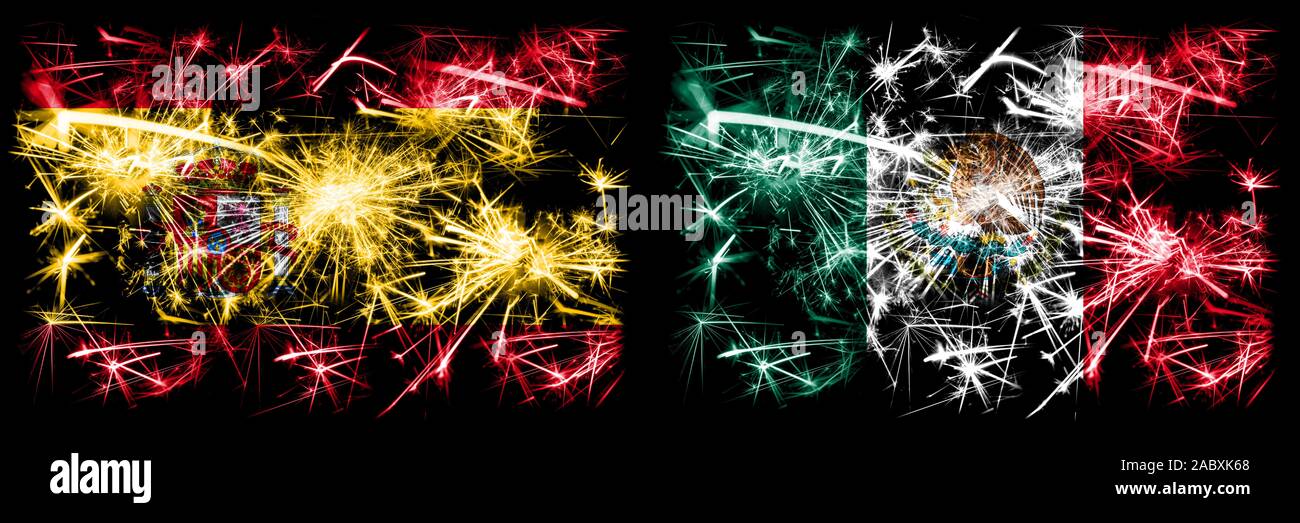 Spanish vs Mexico, Mexican New Year celebration sparkling fireworks flags concept background