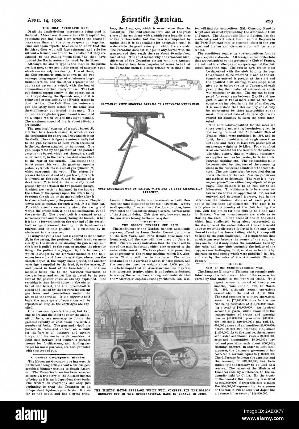 THE COLT AUTOMATIC GUN. TIONAL VIEW SHOWING DETAILS OF AUTOMATIC MECHANISM THE GORDON BENNETT CUP RACE. SEC mibmilegratm====fipik agu. AUTOMATIC GUN ON TRIPOD WITH BOX OF BELT AMMUNITION ATTACHED. APRIL 14 1900. A Curious Geographical Blunder. THE WINTON MOTOR CARRIAGE WHICH WILL COMPETE FOR THE GORDON, scientific american, 1900-04-14 Stock Photo