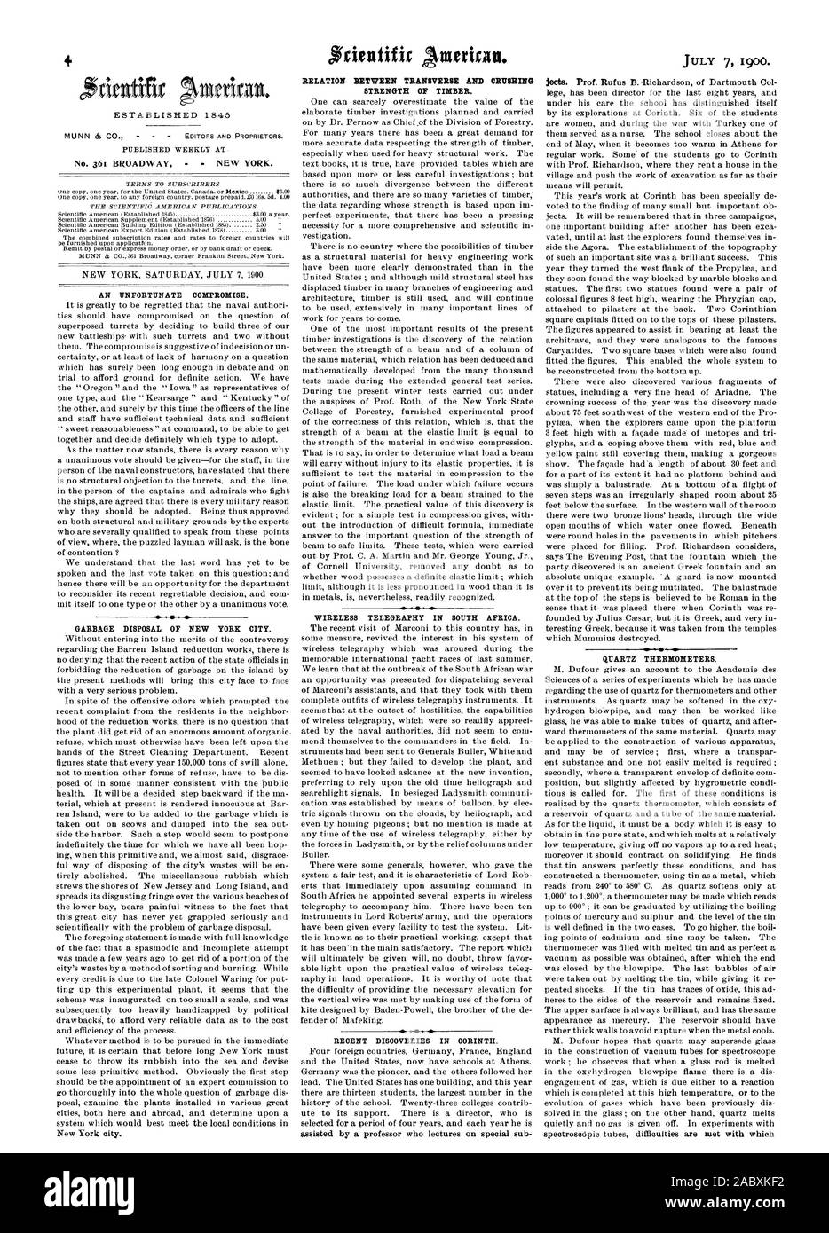 AN UNFORTUNATE COMPROMISE. GARBAGE DISPOSAL OF NEW YORK CITY. RELATION BETWEEN TRANSVERSE AND CRUSHING WIRELESS TELEGRAPHY IN SOUTH AFRICA. QUARTZ THERMOMETERS., scientific american, 1900-07-07 Stock Photo