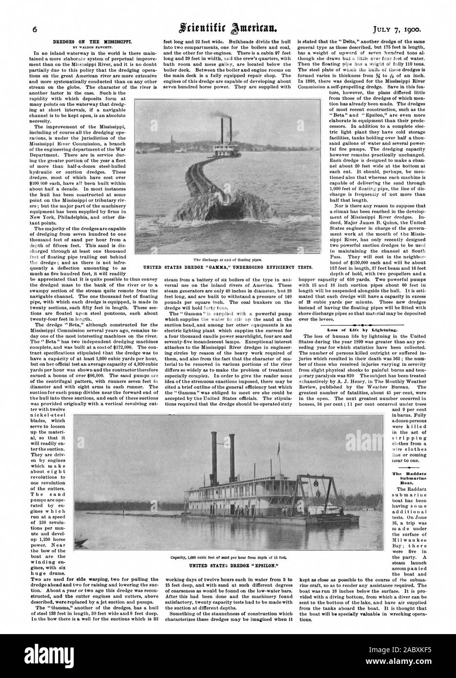 DREDGES ON THE MISSISSIPPI. UNITED STATES DREDGE 'EPSILON.' Loss of Life by Lightning. The Raddatz Submarine Boat. UNITED STATES DREDGE 'GAMMA' UNDERGOING EFFICIENCY TESTS., scientific american, 1900-07-07 Stock Photo