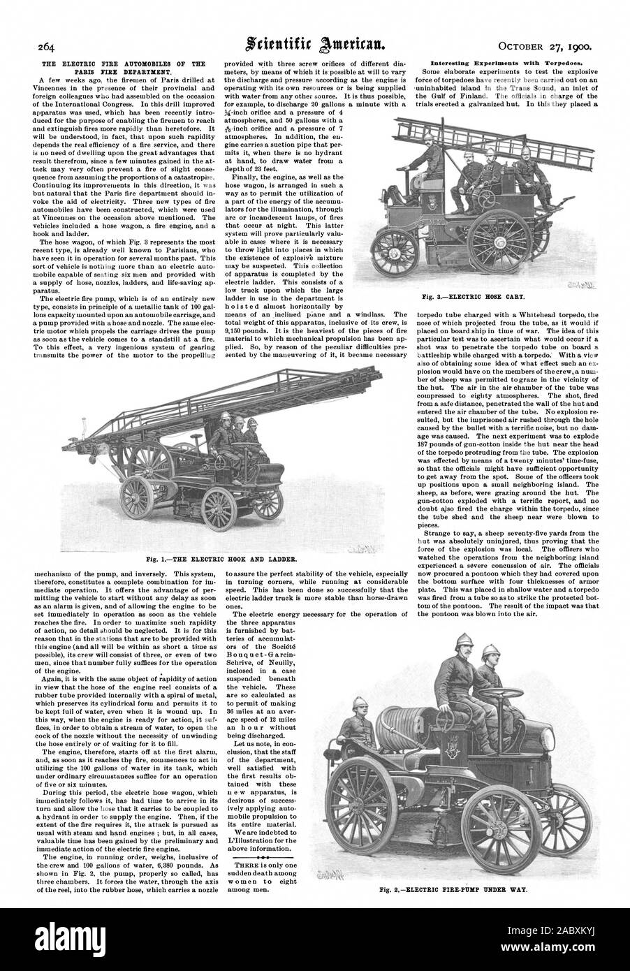 THE ELECTRIC FIRE AUTOMOBILES OF THE PARIS FIRE DEPARTMENT. HOOK AND LADDER. Interesting Experiments with Torpedoes. Fig. 3ELECTRIC HOSE CART. Fig. 2ELECTRIC FIRE-PUMP UNDER WAY., scientific american, 1900-10-27 Stock Photo