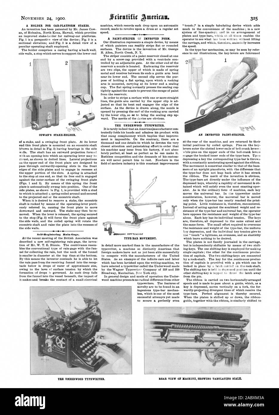 A HOLDER FOR CAR-PLATFORM STAKES. COWAN'S STAKE-HOLDER. Self-Registering Rain-Gage. THE UNDERWOOD TYPEWRITER. TYPE-BAR MOVEMENT. 4, scientific american, 1900-11-24 Stock Photo