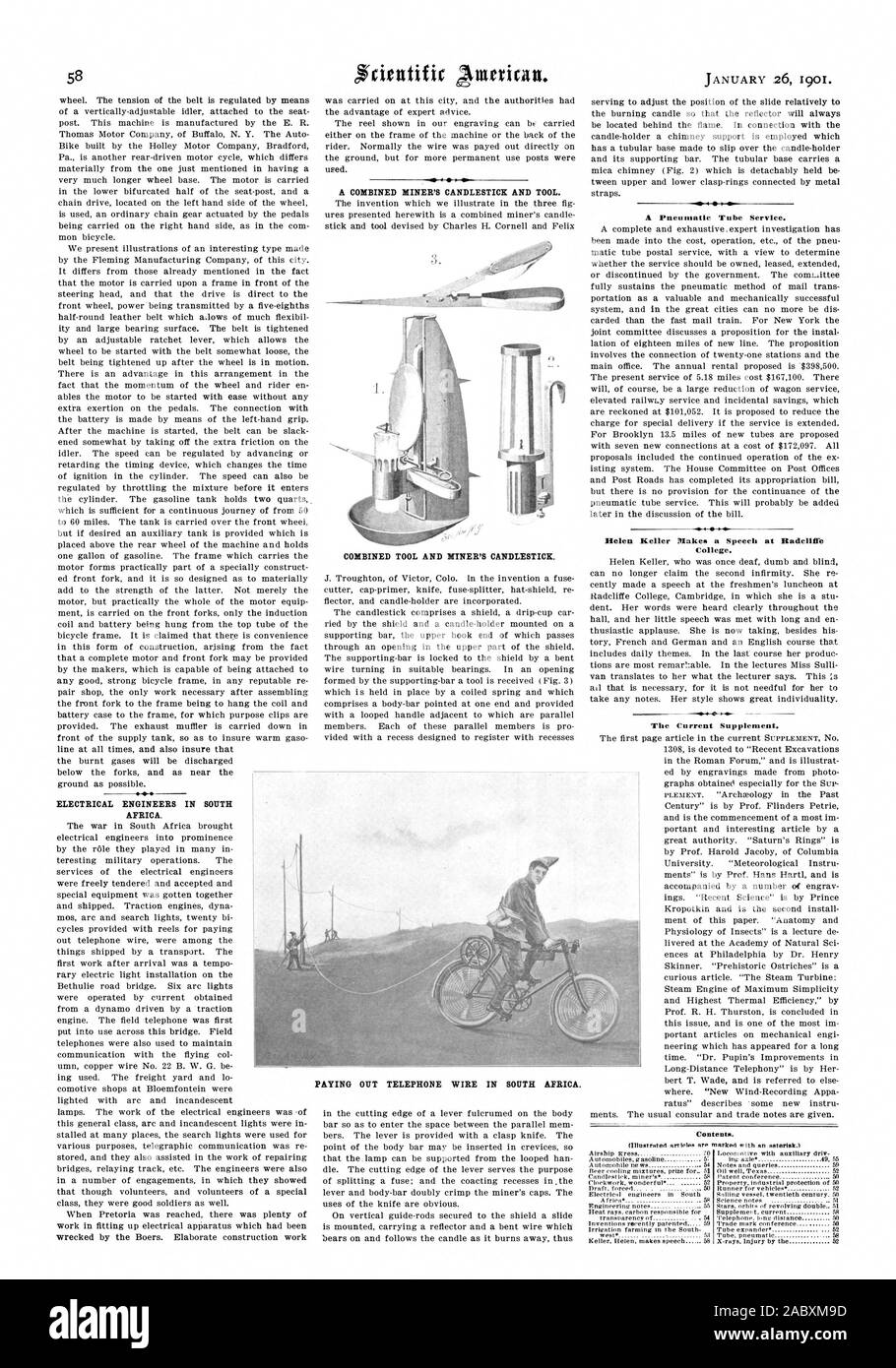 ELECTRICAL ENGINEERS IN SOUTH AFRICA. wrecked by the Boers. Elaborate construction work A COMBINED MINER'S CANDLESTICK AND TOOL. COMBINED TOOL AND MINER'S CANDLESTICK. A Pneumatic Tube Service. Helen Keller Makes a Speech at Radcliffe College. The Current Supplement. Contento., scientific american, 1901-01-26 Stock Photo