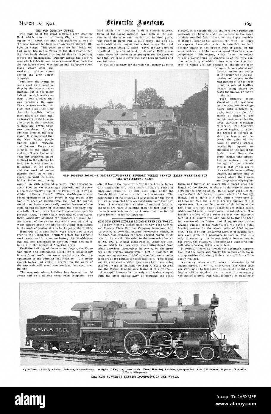 HOST POWERFUL EXPRESS LOCOMOTIVE IN THE WORLD. OLD BOONTON FORGE—A PRE-REVOLUTIONARY FOUNDRY WHERE THE CONTINENTAL ARMY. CANNON BALLS WERE CAST FOR THE HOST POWERFUL EXPRESS LOCOMOTIVE IN THE WORLD., scientific american, 01-03-16 Stock Photo