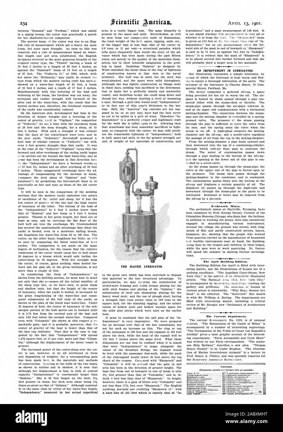 THE SLATER LUBRICATOR. AN IMPROVEMENT IN LUBRICATORS. Ps ehistorle Mines. The April Building Edition. The Current Supplement. Lake vessels 33$ Yacat. development of. 233, scientific american, 1901-04-13 Stock Photo