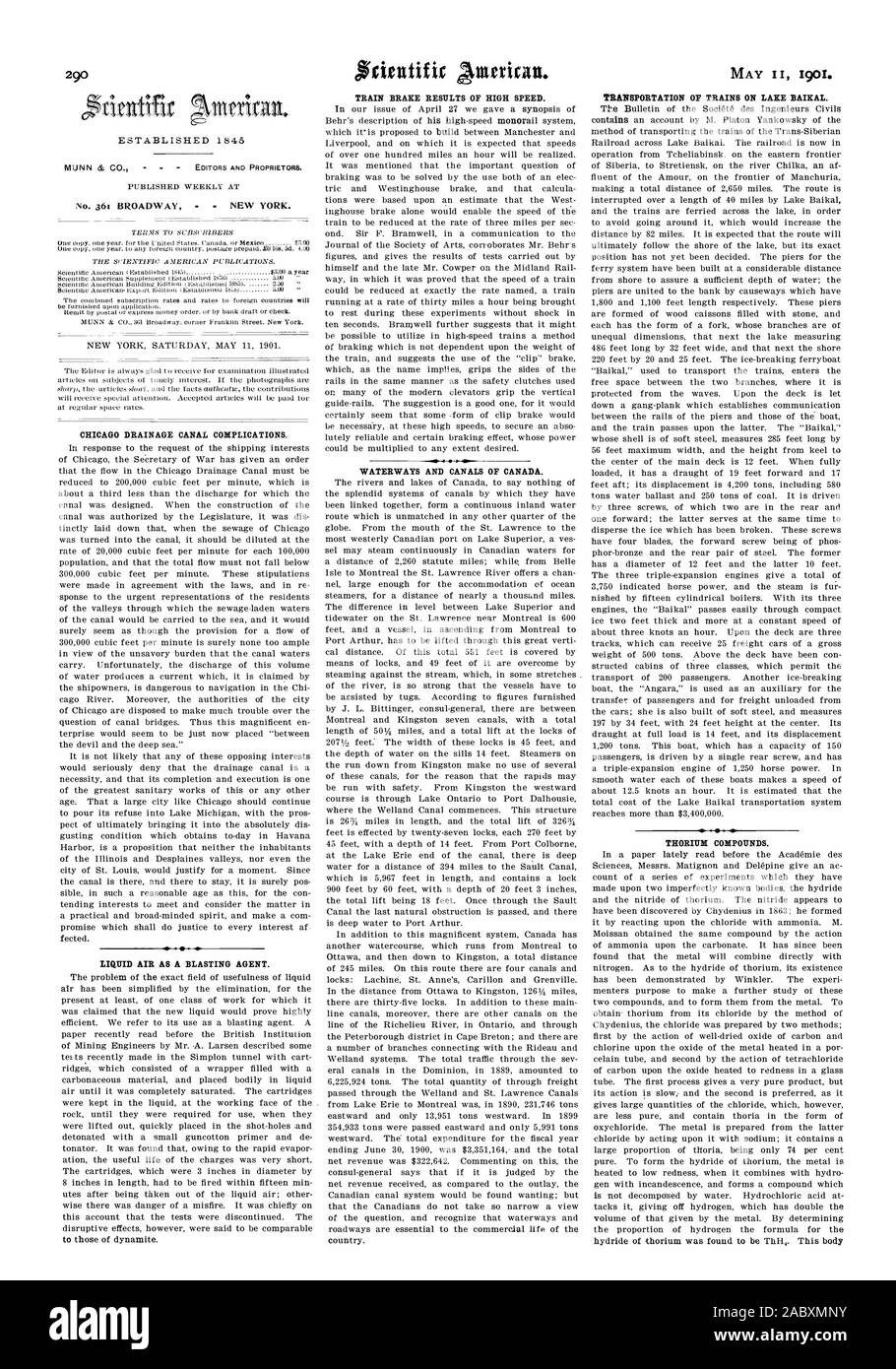 CHICAGO DRAINAGE CANAL COMPLICATIONS. fected. LIQUID AIR AS A BLASTING AGENT. TRAIN BRAKE RESULTS OF HIGH SPEED. which it'is proposed to build between Manchester and Liverpool and on which it is expected that speeds WATERWAYS AND CANALS OF CANADA. TRANSPORTATION OF TRAINS ON LAKE BAIKAL. THORIUM COMPOUNDS., scientific american, 1901-05-11 Stock Photo