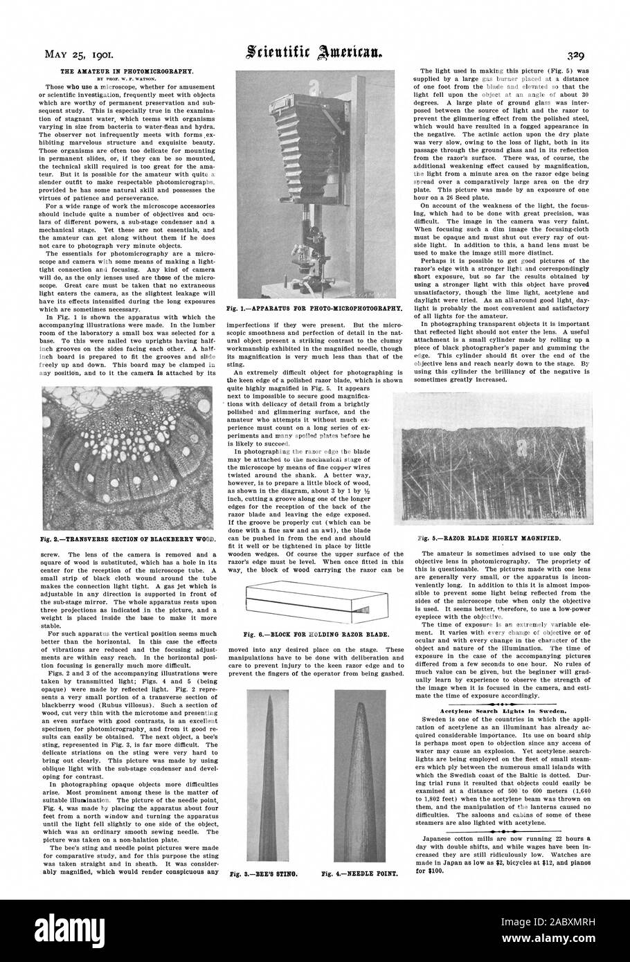 THE AMATEUR IN PHOTOMICROGRAPHY. Fig. 2TRANSVERSE SECTION OF BLACKBERRY WOOD. Fig. 6BLOCK FOR HOLDING RAZOR BLADE. Fig. 5RAZOR BLADE HIGHLY MAGNIFIED. Acetylene Search Lights In Sweden. for $100., scientific american, 1901-05-25 Stock Photo