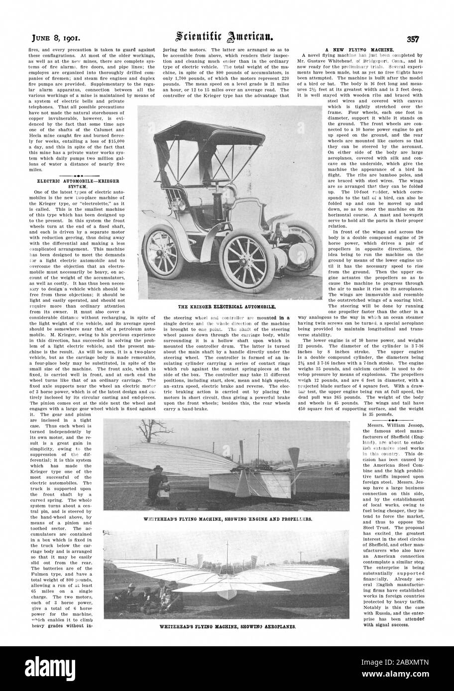 ELECTRIC AUTOMOBILE—KRIEGER SYSTEM. WHITEHEAD'S FLYING MACHINE SHOWING