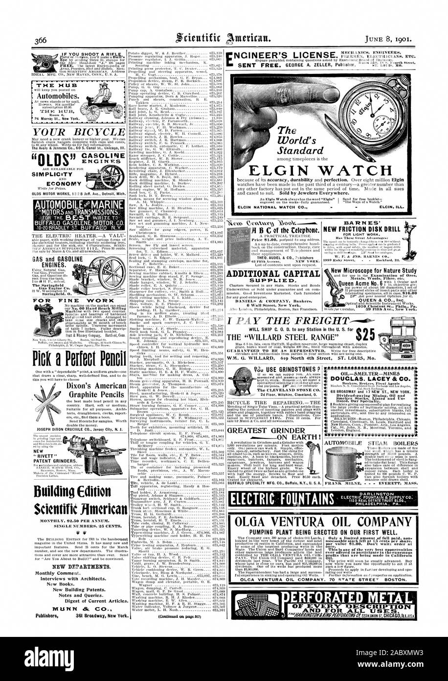 SINGLE NUMBERS 25 CENTS. NEW DEPARTMENTS. Publishers 361 Broadway New York. ELECTRIC FOUNTAINS DARLINGTON 20 REAL ESTATE TRUST BLDG. PHILADELPHIA PA. OLGA VENTURA OIL COMPANY Only a limited amount of full paid non assessable stock left at 15 cents per share par value 91.00. Don't wait; order at once. ever offered to participate in the enormous pOil.rofits that are being made in California, scientific american, 1901-06-08 Stock Photo