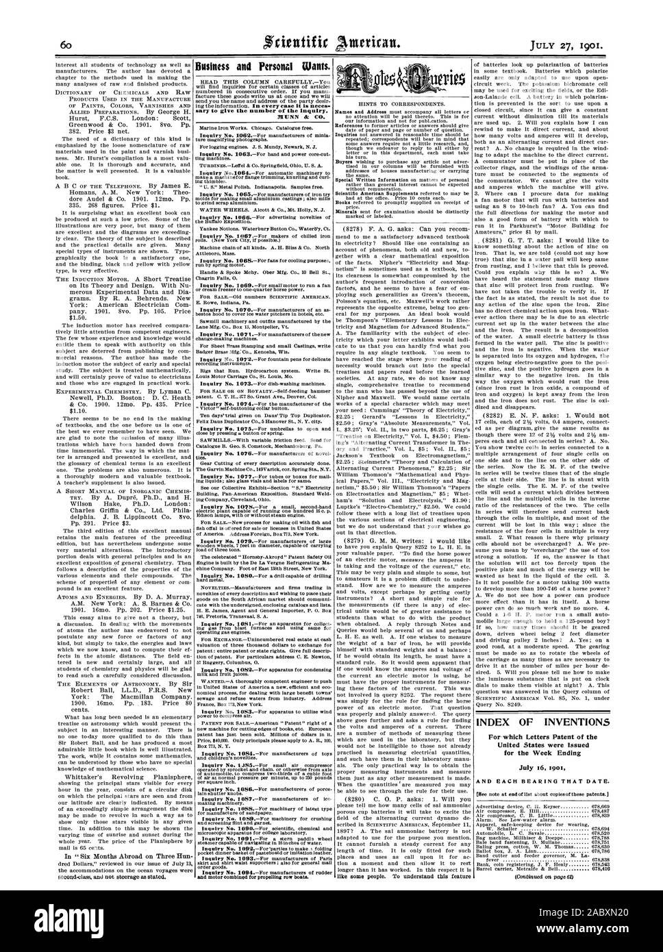 678751 Baling press cotton W. M. Thomas 678630 Ballot box J. A. Linn 678786 fever  678838 Bank coin registering J. F. Healy 678563, scientific american, 1901-07-11 Stock Photo