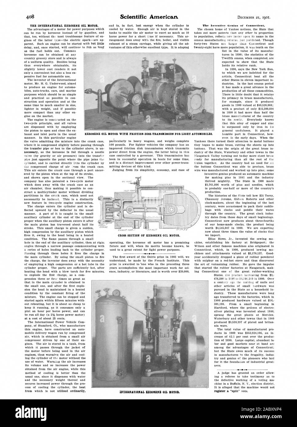 THE INTERNATIONAL KEROSENE OIL MOTOR. CROSS SECTION OF KEROSENE OIL MOTOR. KEROSEBE OIL MOTOR WITH FRICTION-DISK-TRANSMISSION FOR LIGHT AUTOMOBILES. ' INTERNATIONAL &BROOM OIL MOTOR., scientific american, 1901-12-21 Stock Photo