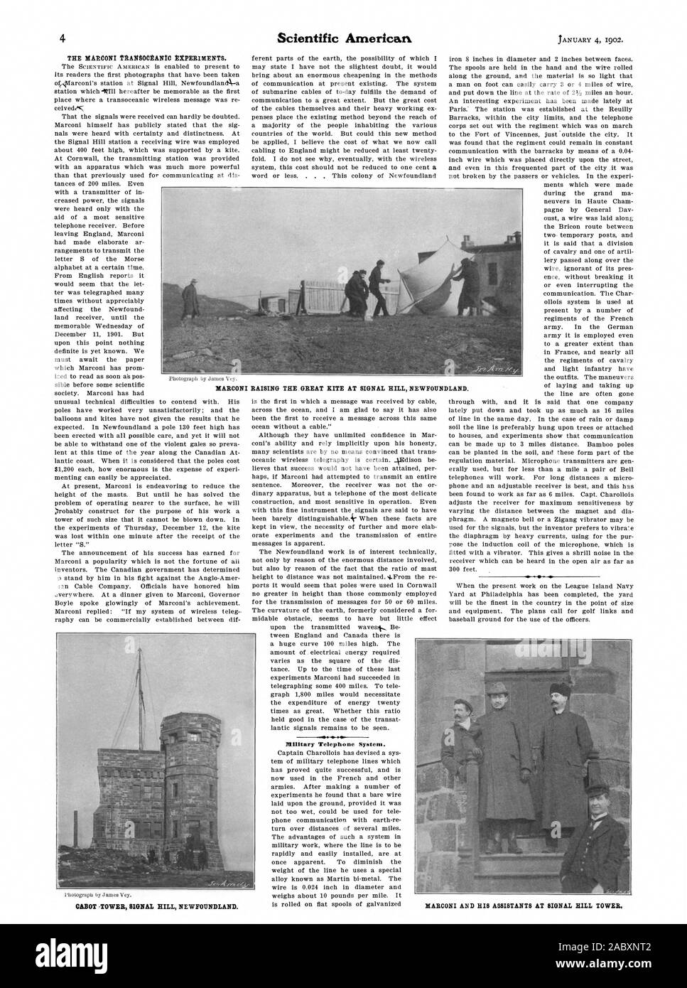 Military Telephone System. MARCONI RAISING THE GREAT RITE AT SIGNAL HILL NEWFOUNDLAND., scientific american, 1902-01-04 Stock Photo