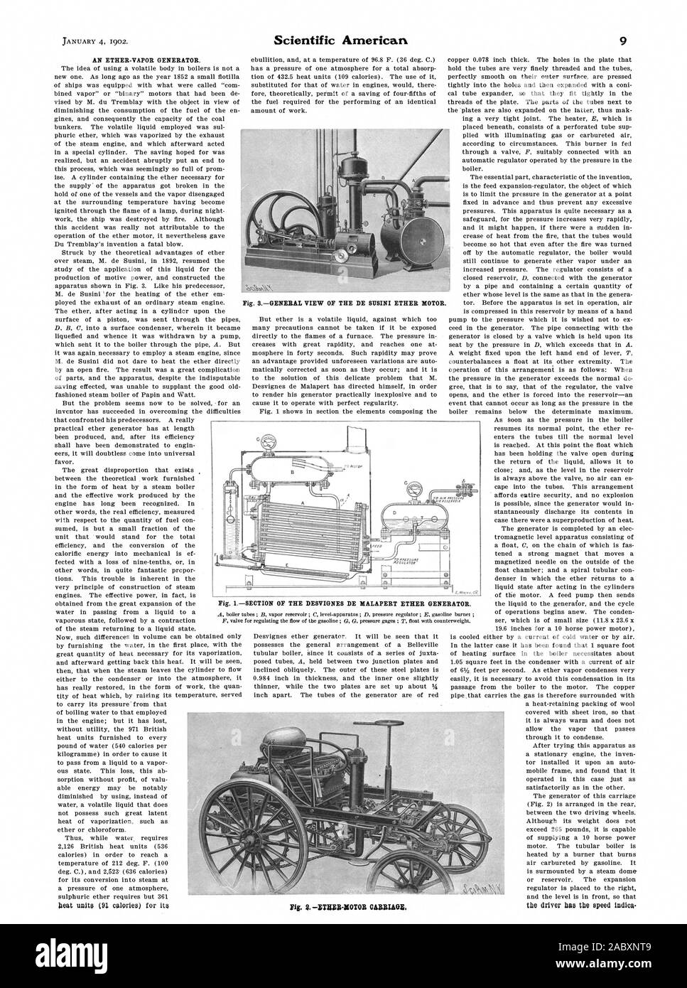 AN ETHER-VAPOR GENERATOR. Fig. SGENERAL VIEW OF THE DE BIMINI ETHER MOTOR. Fig. ISECTION OF THE DESVIGNES DE MALAPERT ETHER GENERATOR., scientific american, 1902-01-04 Stock Photo
