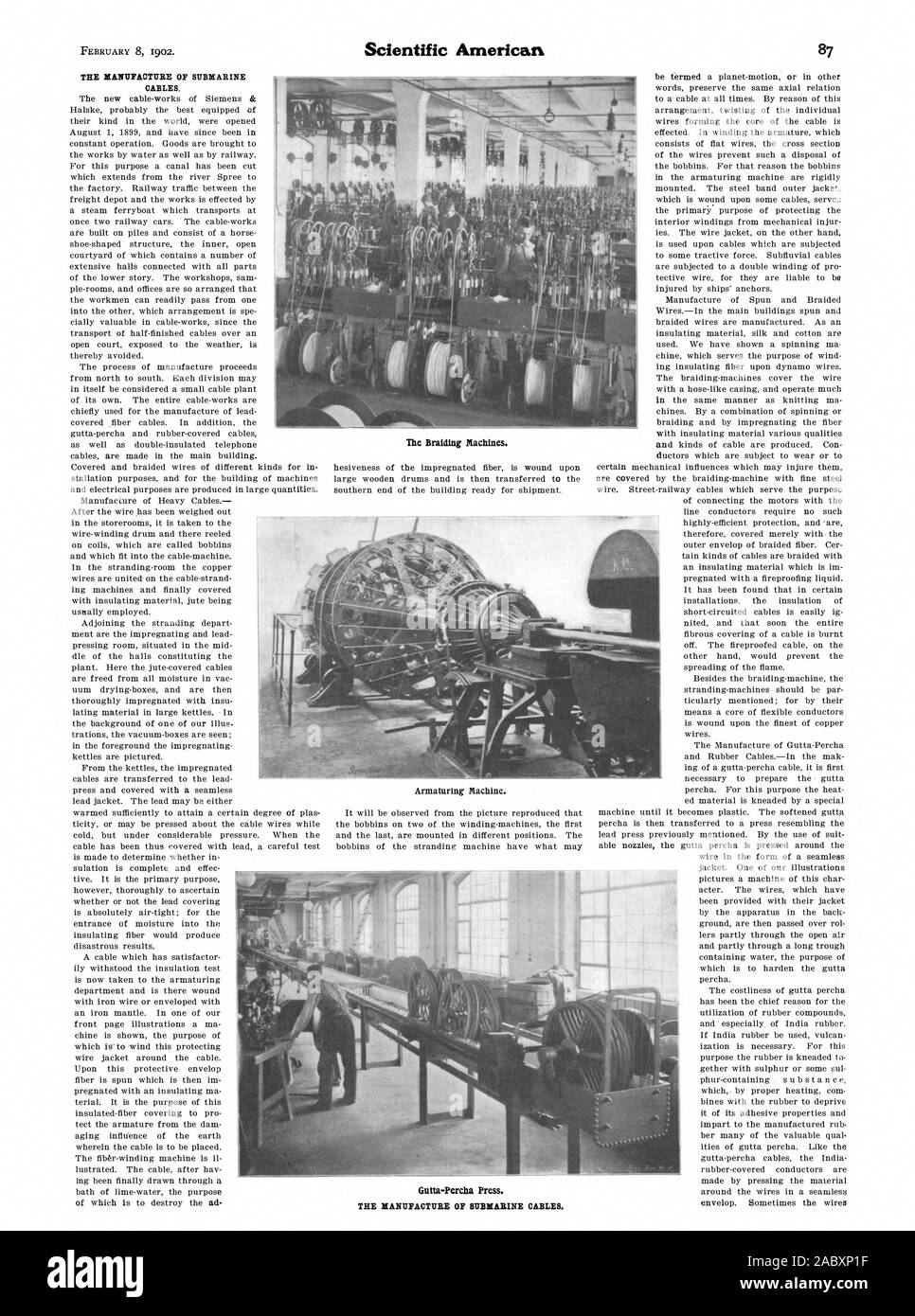 The Braiding Machines. Armaturing Machine. THE MANUFACTURE OF SUBMARINE CABLES., scientific american, 1902-02-08 Stock Photo