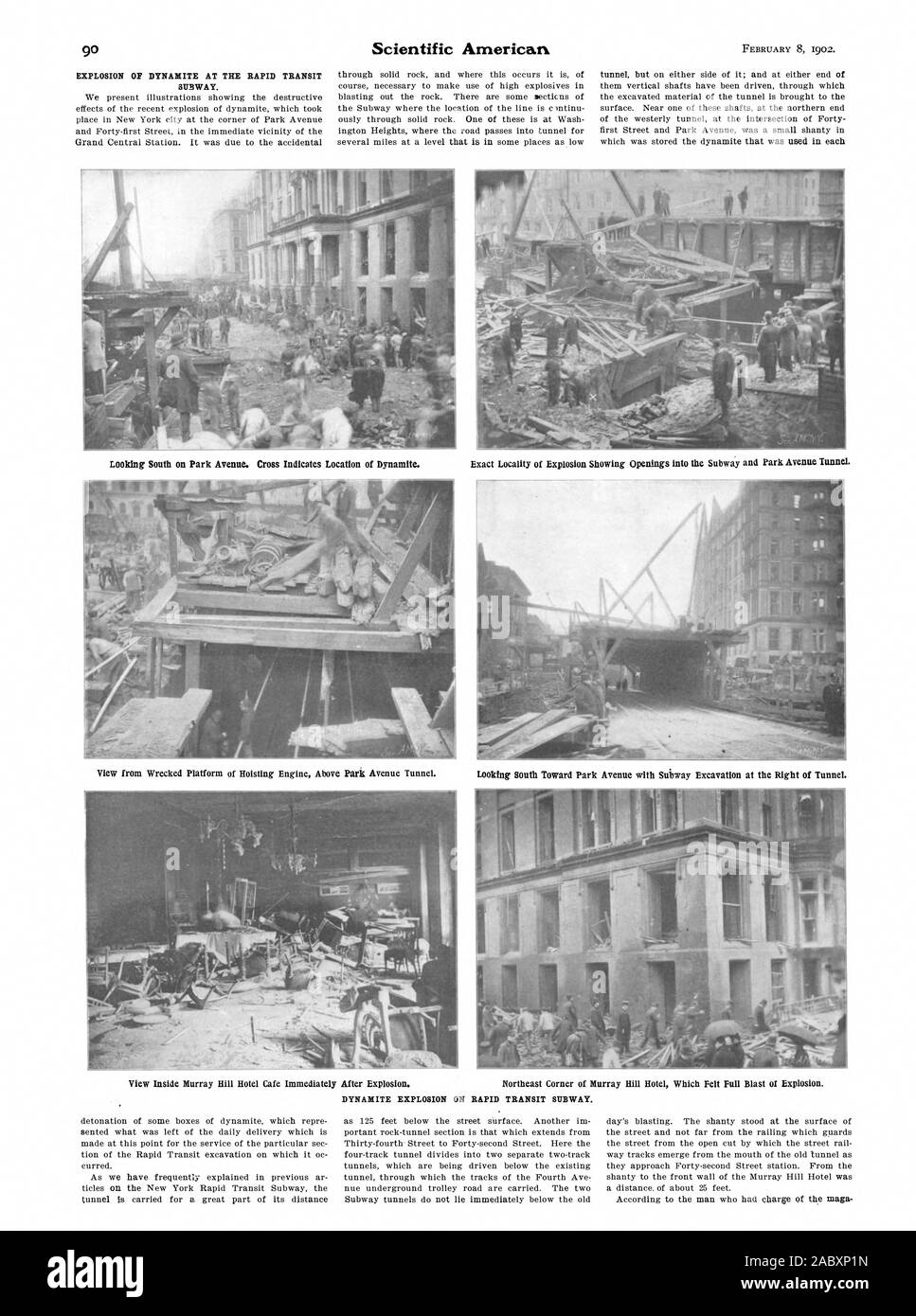 EXPLOSION OF DYNAMITE AT THE RAPID TRANSIT SUBWAY. Looking South on Park Avenue. Cross Indicates Location of Dynamite. DYNAMITE EXPLOSION ON RAPID TRANSIT SUBWAY., scientific american, 1902-02-08 Stock Photo