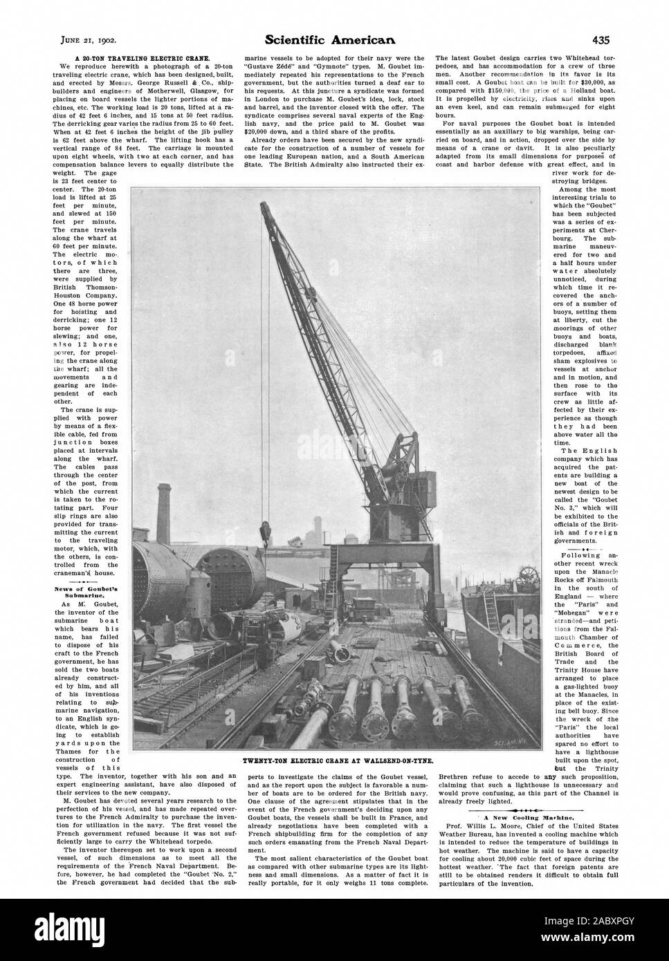 A 20-TON TRAVELING ELECTRIC CRANE. News of Goubet's Submarine. TWENTY-TON ELECTRIC CRANE AT WALLSEND-ON-TYNE. A New Cooling Illathine., scientific american, 1902-06-21 Stock Photo