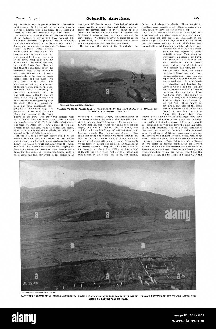 tired quite 200 feet in depth. This bed of volcanic matter mud-lava pumice-stone and dust completely covers the leeward slopes of Pelee filling up deep ravines and valleys and as we view the volcano from swept the death-dealing blast from the crater., scientific american, 1902-08-16 Stock Photo