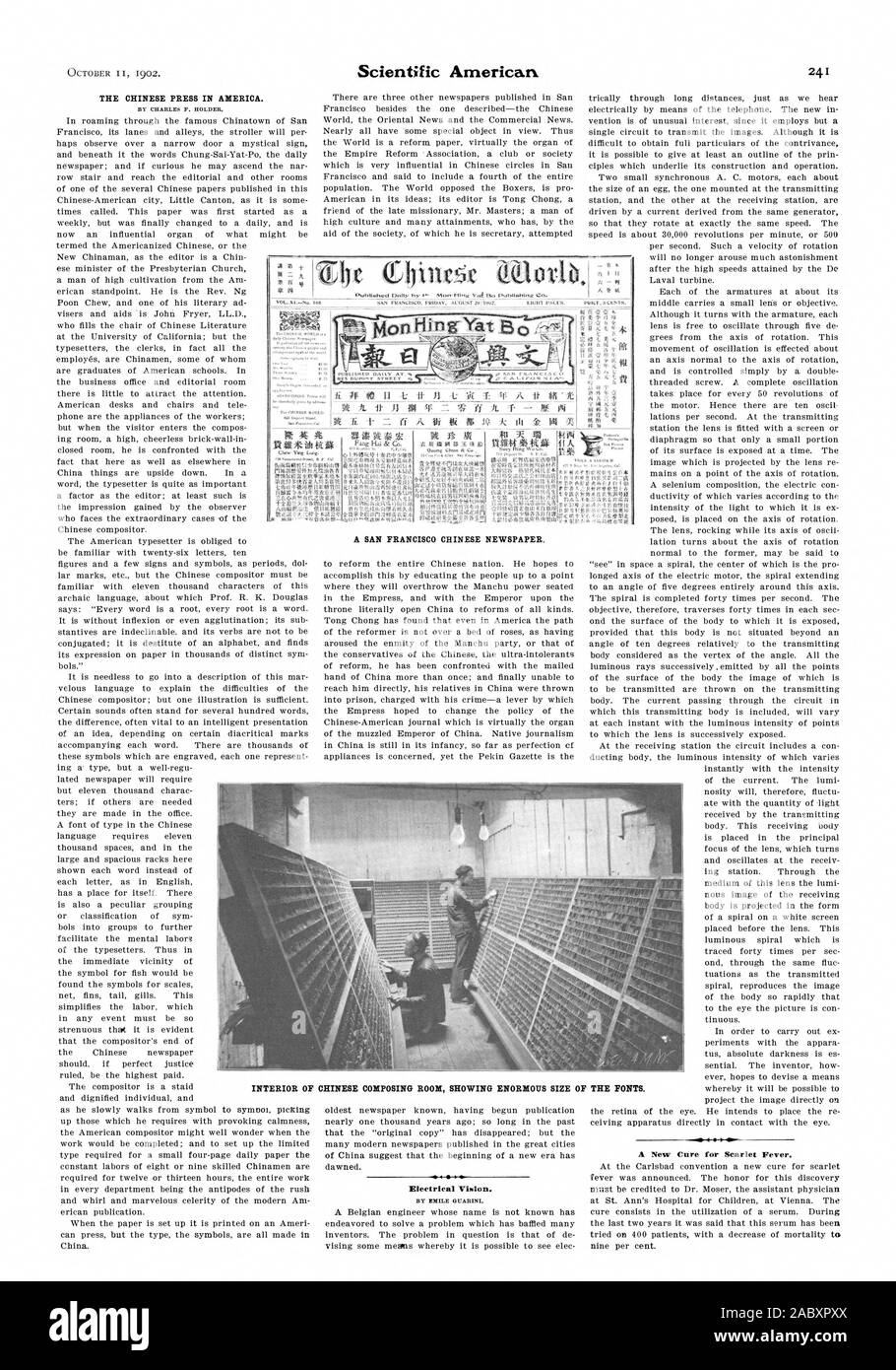 THE CHINESE PRESS IN AMERICA. BY CHARLES F. HOLDER. A SAN FRANCISCO CHINESE NEWSPAPER. Electrical Vision. BY MILLE GUARINI. A New Cure for Scarlet Fever. VOL.L—NA 164 4. 1 SAN FRANCISCO. FRIDAY. ALOUSF 1502. EMMY PAC PREF.ACEMS. Tbn CHIA ESE Anntem. dAily Ns ne NM CIAA Vie IAA. Ptar nOvE41. Tema it F1' If LI A. it  II IN lit A t : fi' tiMUS 14501:thRit if A. f  P4 :n3 i ALI.174 INTERIOR OF CHINESE COMPOSING ROOM SHOWING ENORMOUS SIZE OF, scientific american, 1902-10-11 Stock Photo