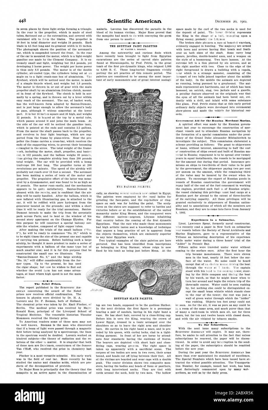 The Nobel Prizes. THE EGYPTIAN PAINT PALETTES THE NARMAR PALETTE I I  Government Aid for the Russian Merchant Marine. Experiences in a Submarine. To Our Subscribers. EGYPTIAN SLATE PALETTE., scientific american, 1902-12-20 Stock Photo