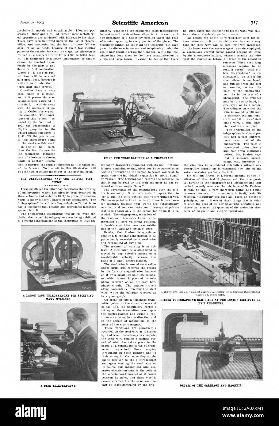 USING THE TELEGRAPHONE AS A PHONOGRAPH. A DESK TELEORAPHONE. DETAIL OF THE CARRIAGE AND MAGNETS., scientific american, 1903-04-25 Stock Photo