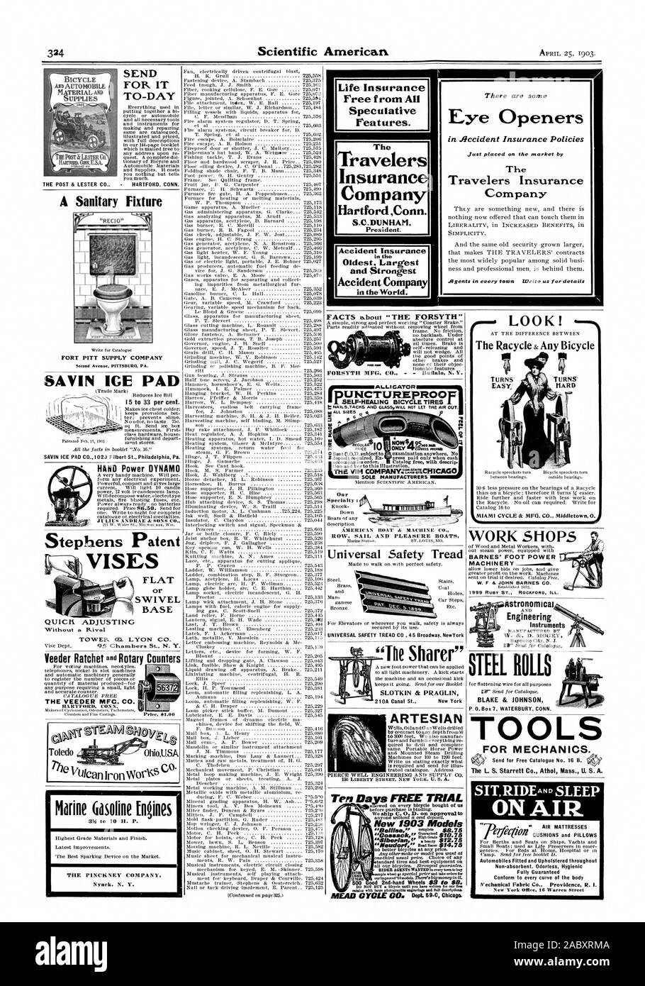 EASY' Racycle sprockets turn between bearings. Bicycle sprockets turn outside bearings. Life Insurance Free from All Features. There are some Eye Openers in .gccident Insurance Policies Just placed on the market by The Travelers Insurance Company SIMPLICITY. The Travelers Insurance Company Hartford Conn. S.C.DUNHAM. Accident Insurance Oldest Largest and Strongest Accident Company in the World. SLOTKIN & FIRAGLAN 210A Canal St New York, scientific american, 1903-04-25 Stock Photo