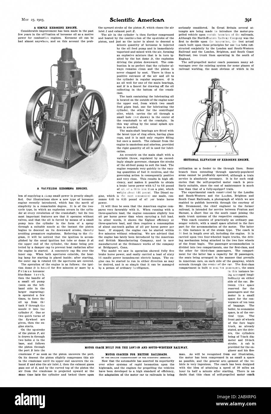 A SIMPLE KEROSENE ENGINE. A VALVELESS KEROSENE ENGINE. same time into the cylinder and locked there upon MOTOR COACHES FOR BRITISH RAILROADS. SECTIONAL ELEVATION OF KEROSENE ENGINE. MOTOR COACH BUILT FOR THE LONDOB AND SOUTH-WESTERN RAILWAY., scientific american, 1903-05-23 Stock Photo